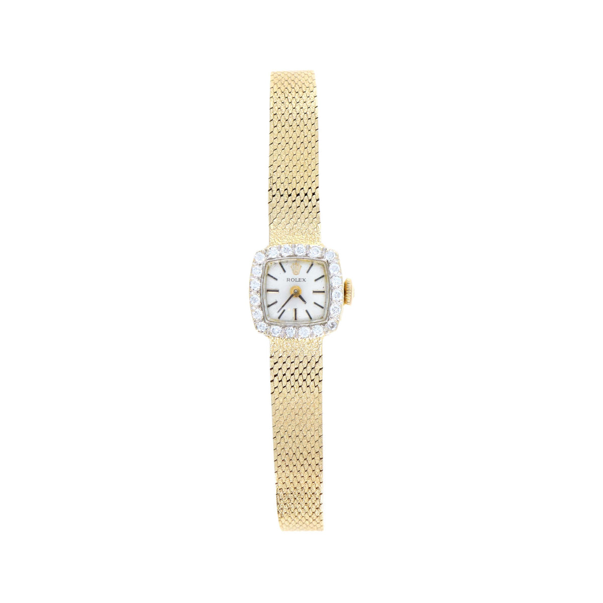 Vintage Rolex Ladies 14K Yellow Gold Diamond Bezel Square Shaped Mechanical Movement Watch With Box