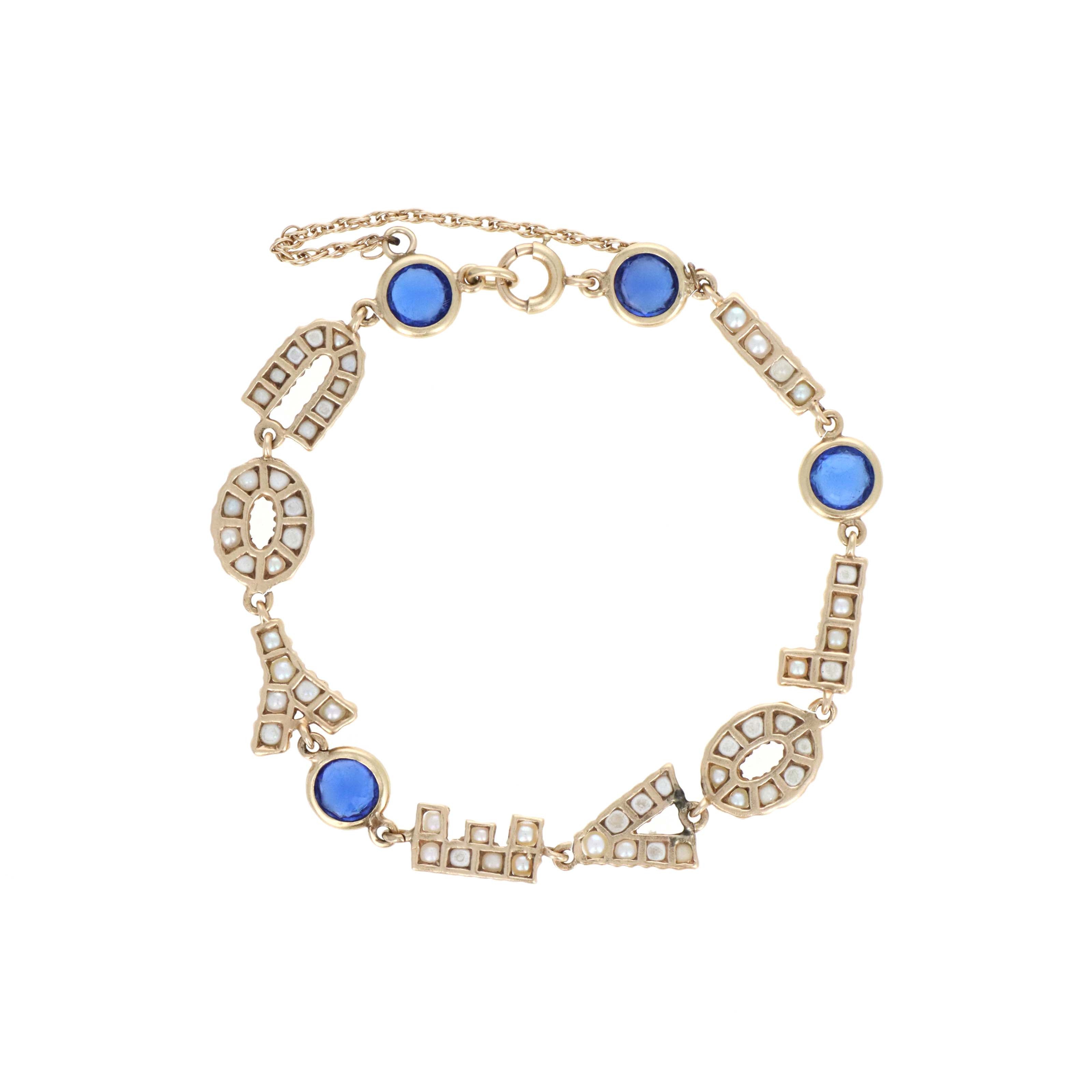Vintage 14K Yellow Gold "I Love You" Bracelet with 2.8mm Pearls & Synthetic Bluestones - Queen May