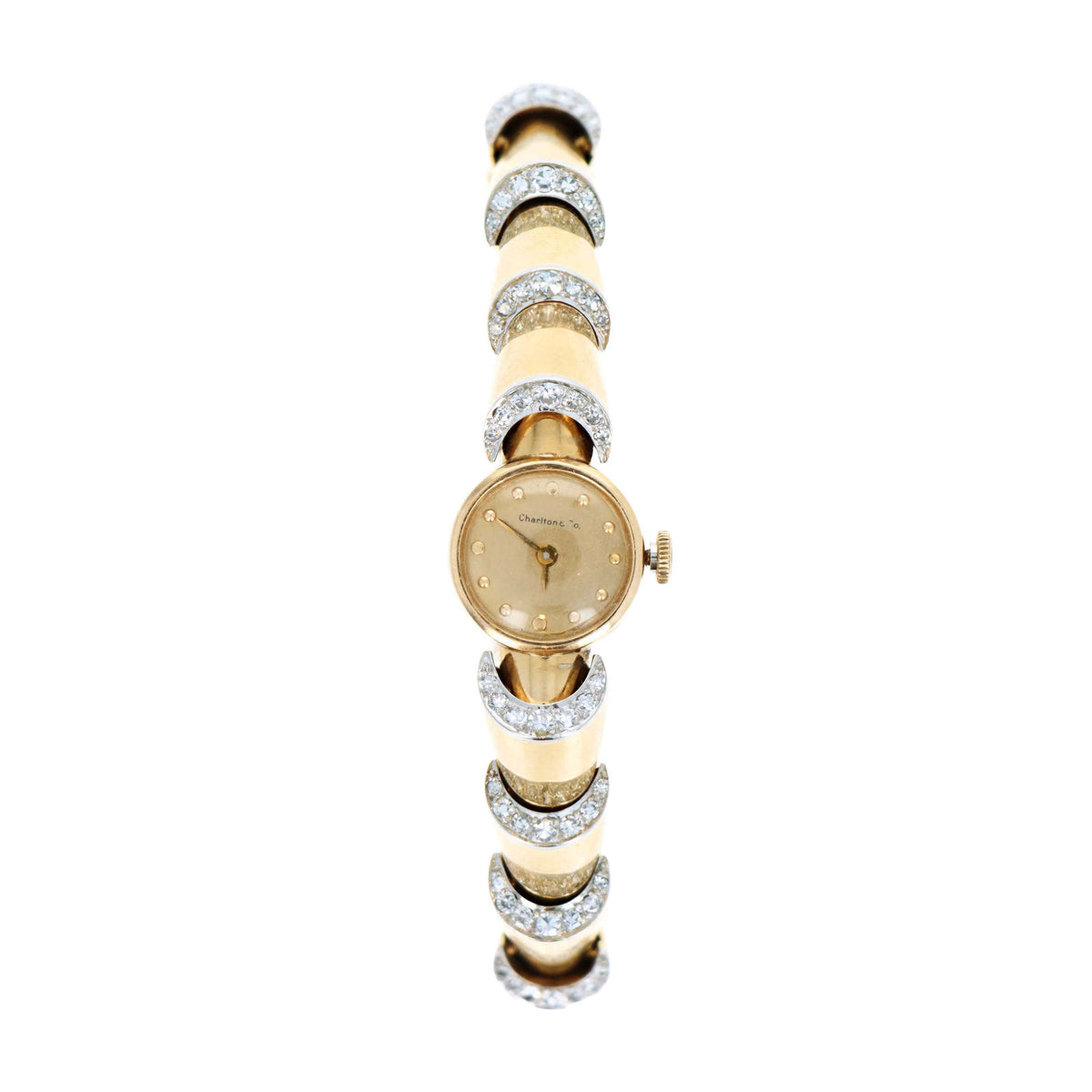Retro 14K Yellow Gold Diamond Peekaboo Bracelet Watch c.1950’s