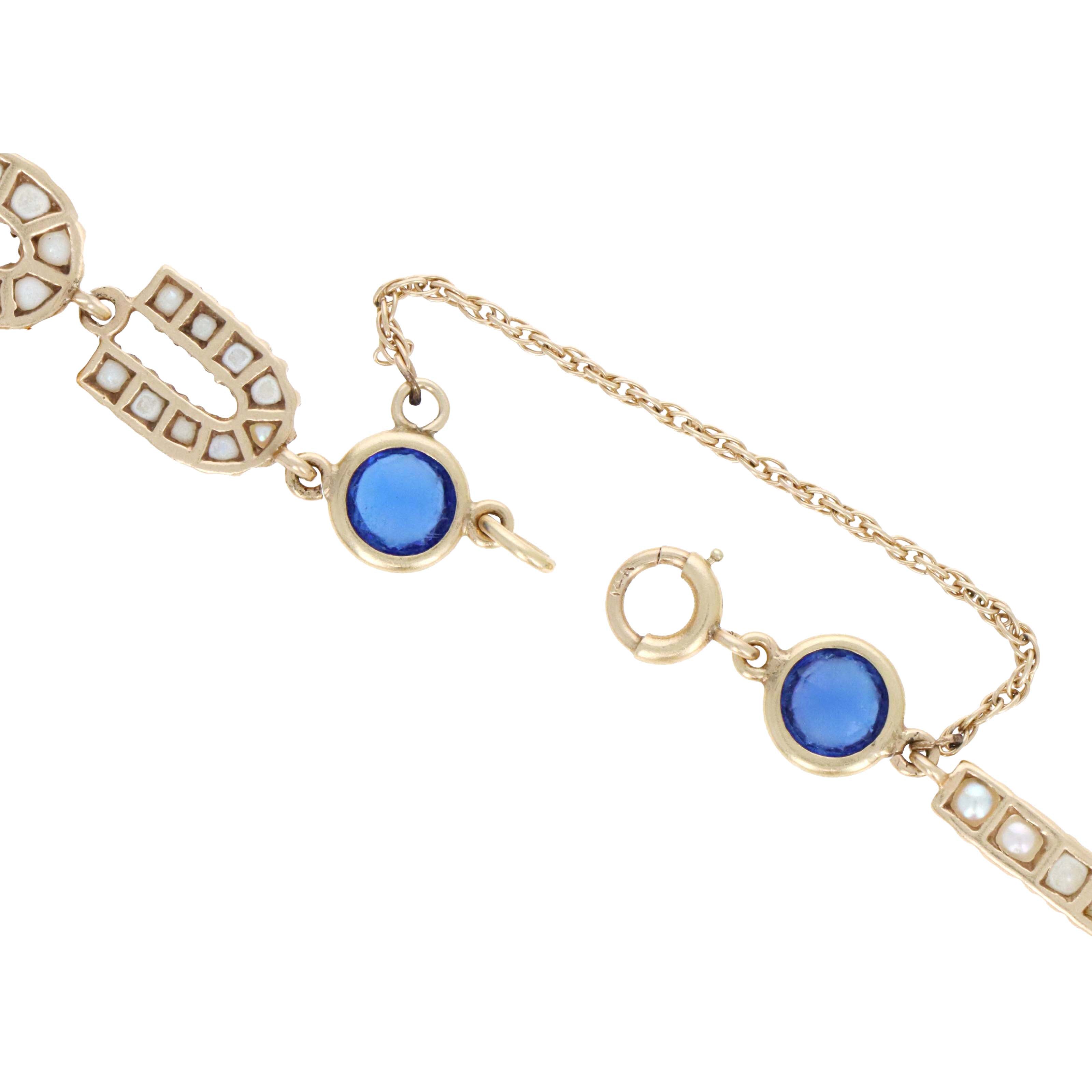 Vintage 14K Yellow Gold "I Love You" Bracelet with 2.8mm Pearls & Synthetic Bluestones - Queen May