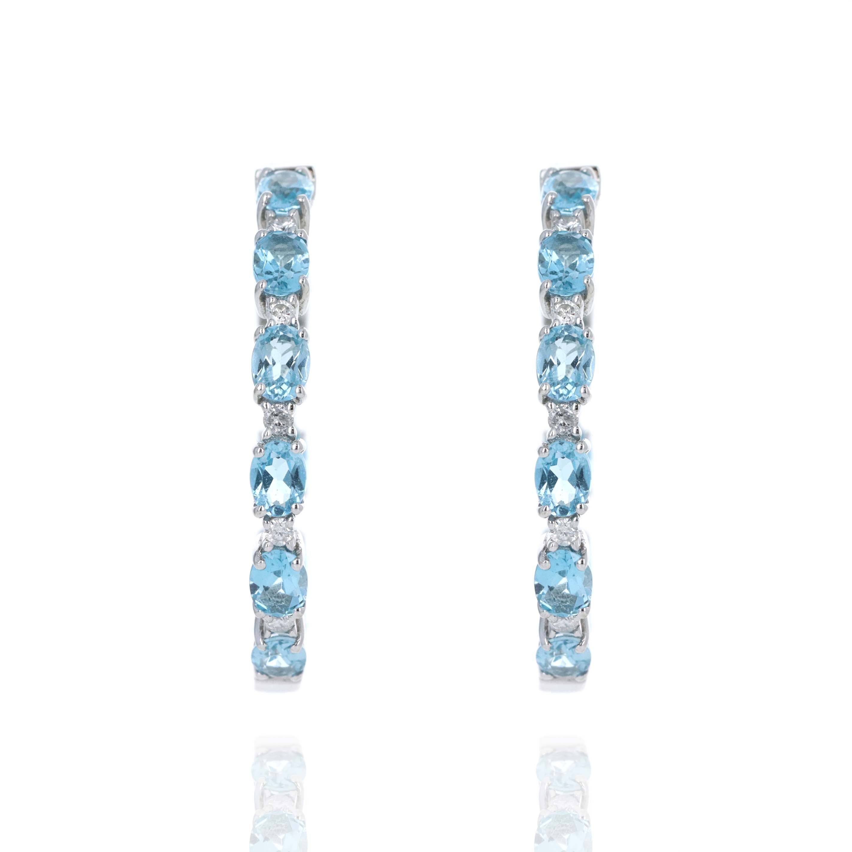 10K White Gold Oval Blue Topaz Diamond Inside-Out Hoop Earrings - Queen May