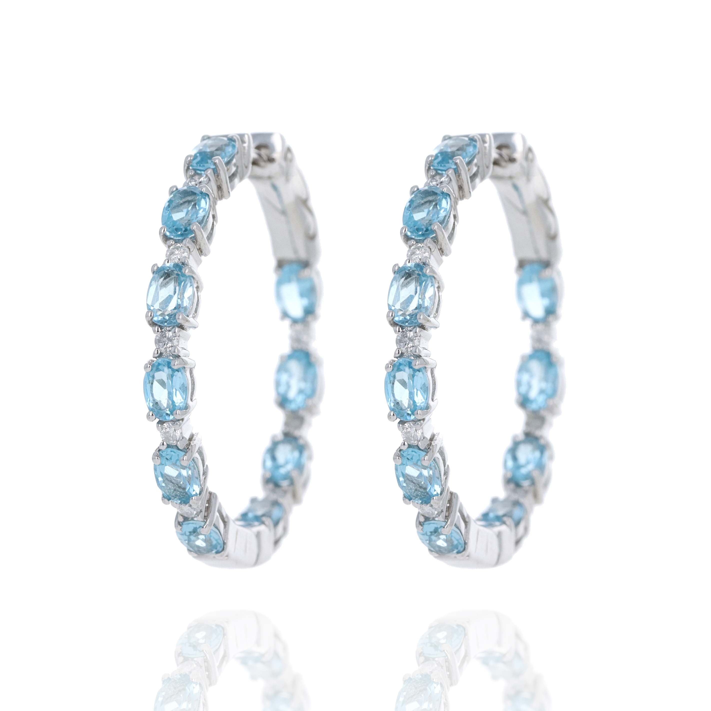 10K White Gold Oval Blue Topaz Diamond Inside-Out Hoop Earrings - Queen May