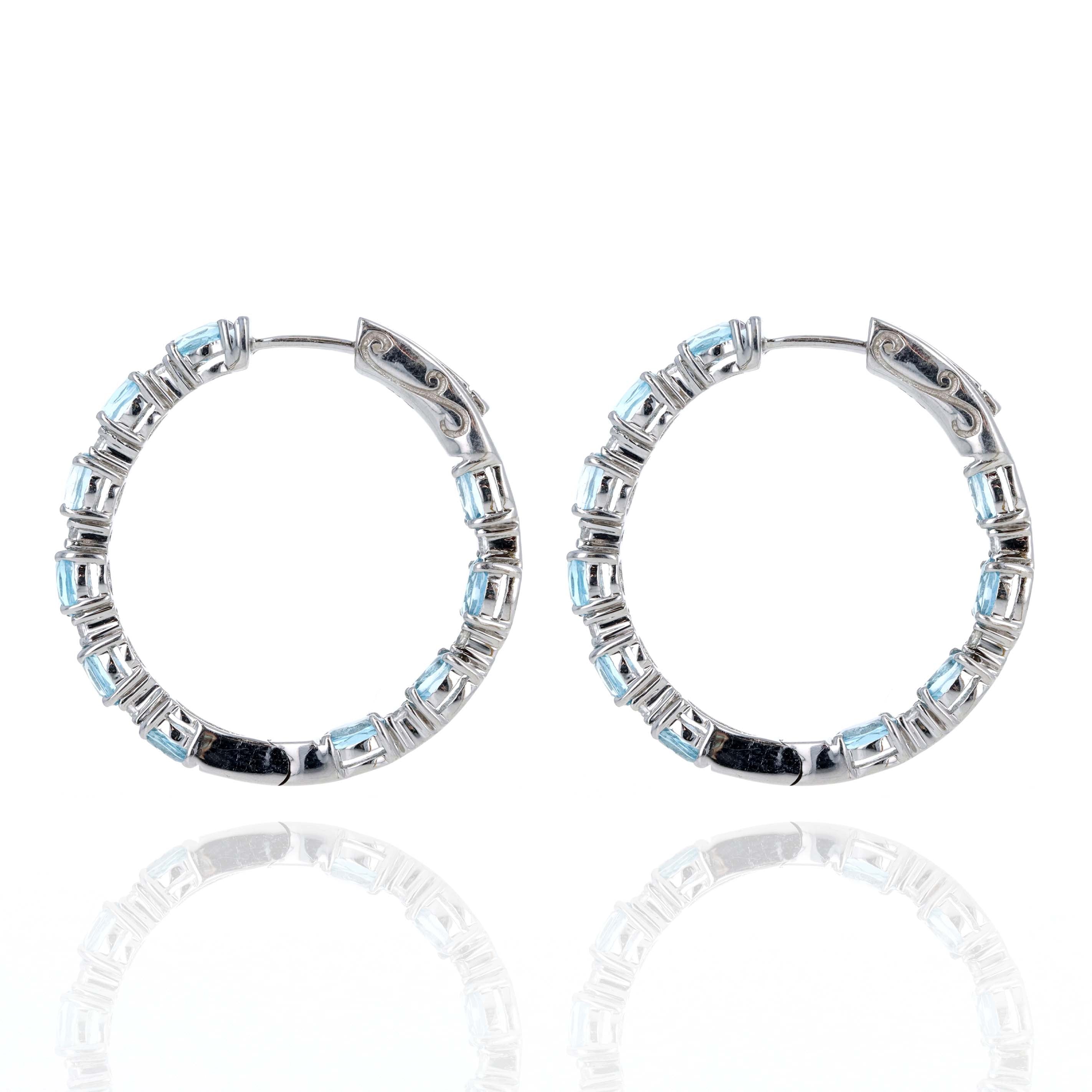10K White Gold Oval Blue Topaz Diamond Inside-Out Hoop Earrings - Queen May