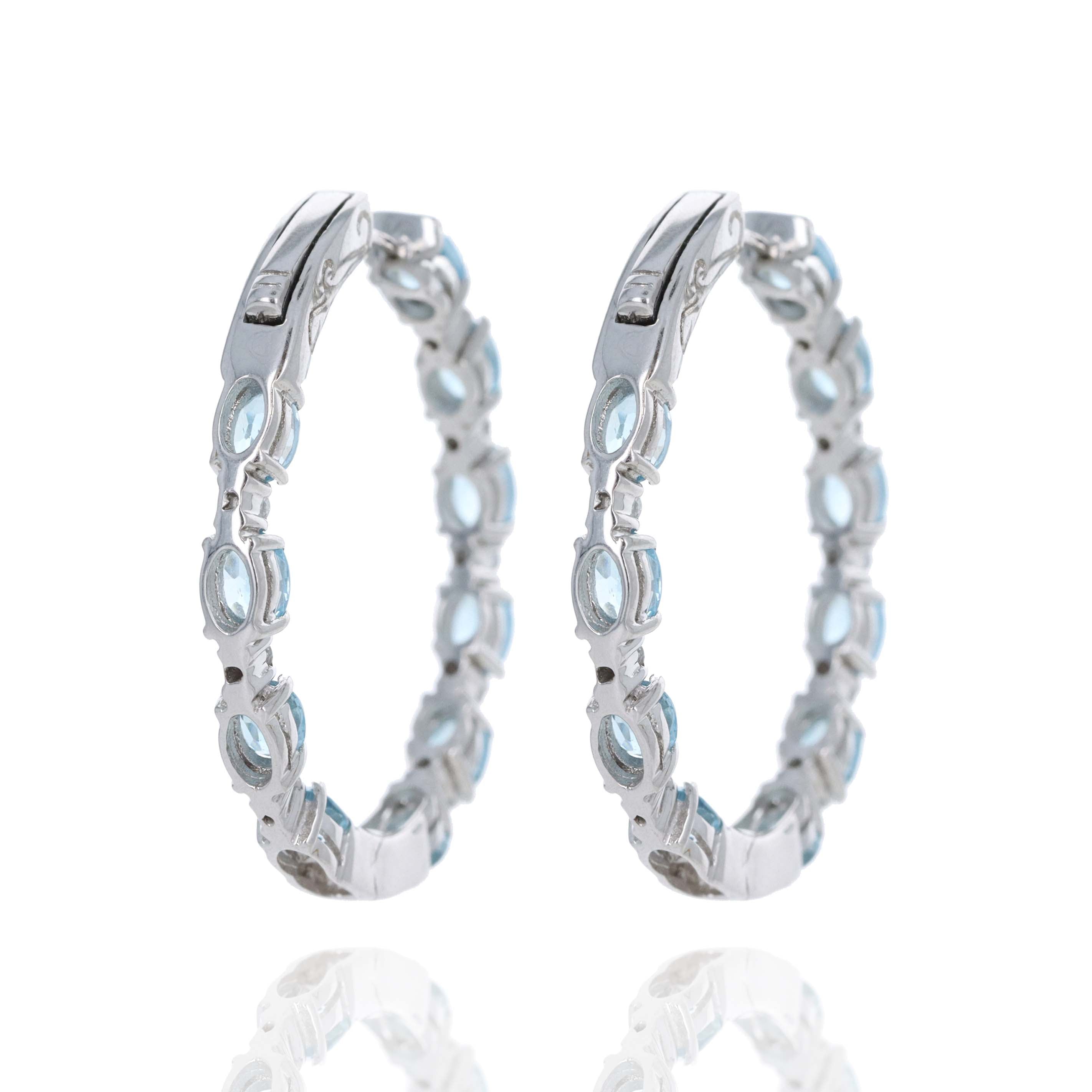 10K White Gold Oval Blue Topaz Diamond Inside-Out Hoop Earrings - Queen May