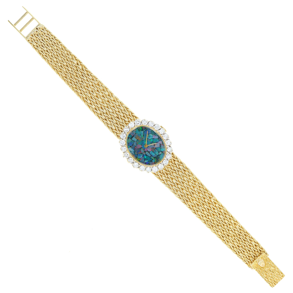 Vintage Rolex Ladies 14K Yellow Gold Mosaic Opal Dial & Diamond Bezel Oval Shaped Woven Bracelet Mechanical Movement Watch - Queen May