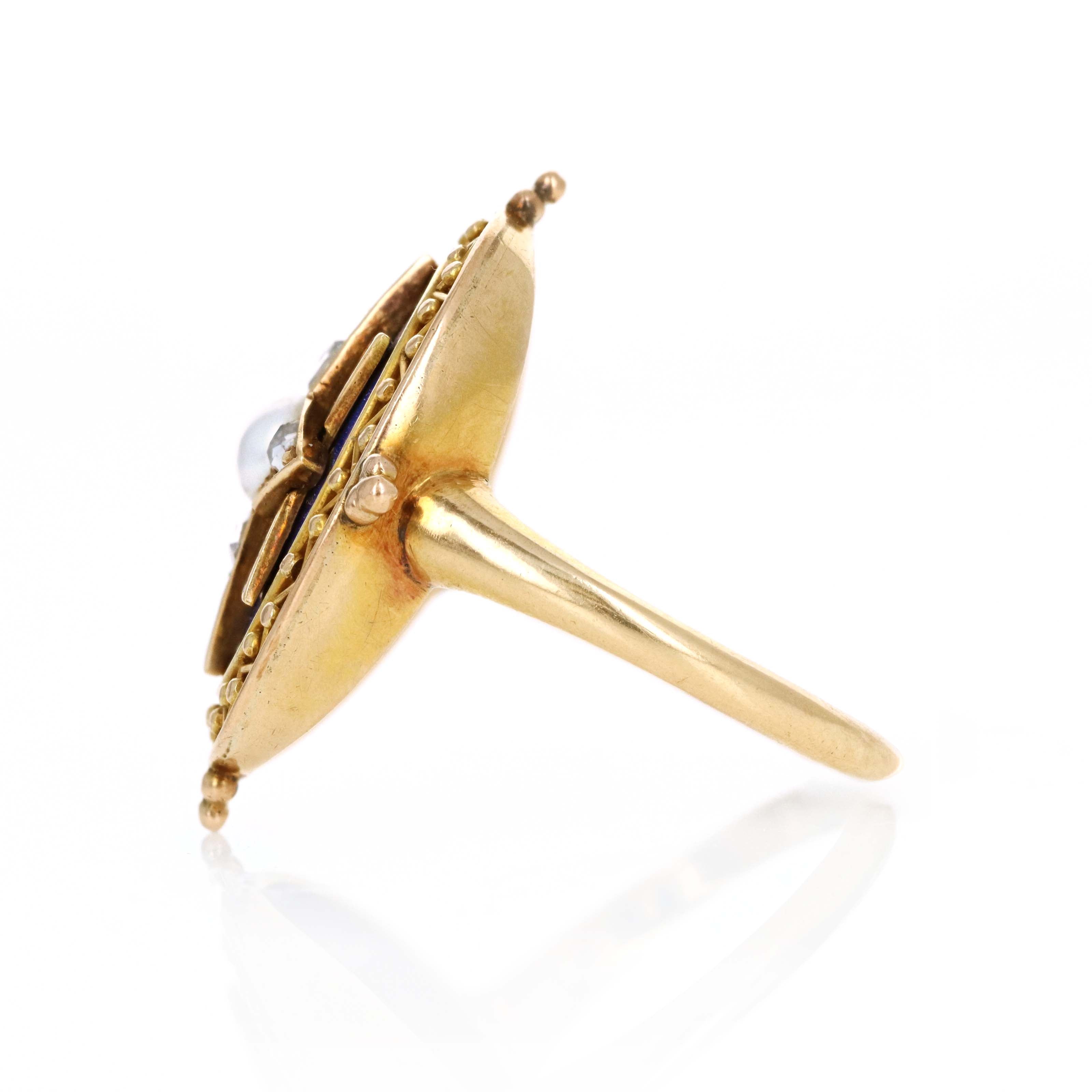 Victorian Etruscan Revival 14K Yellow Gold Enamel Pearl Rose Cut Diamond Star Ring - Queen May