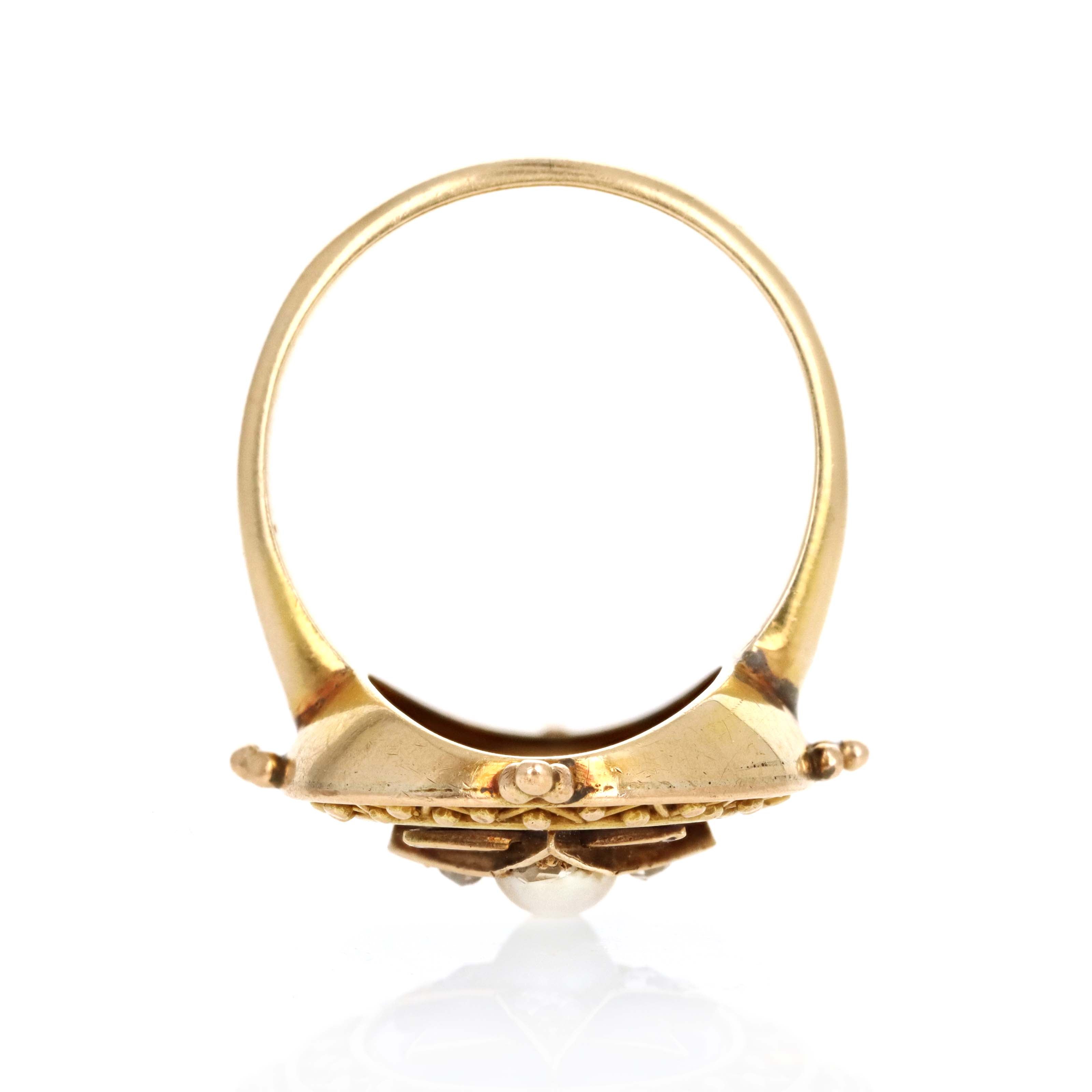Victorian Etruscan Revival 14K Yellow Gold Enamel Pearl Rose Cut Diamond Star Ring - Queen May