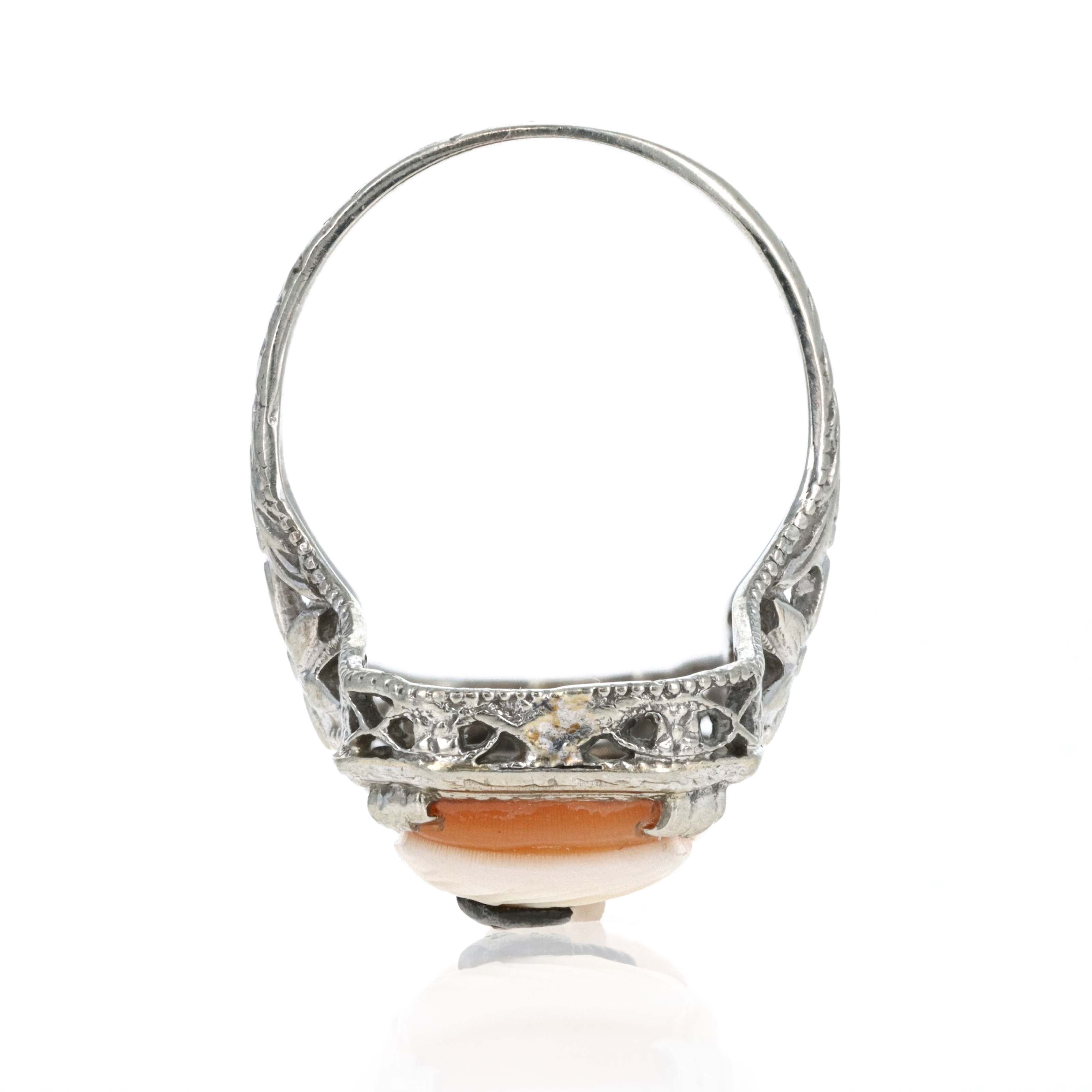 Art Deco 14K White Gold 0.015 Carat Diamond Cameo Engraved Filigree Ring