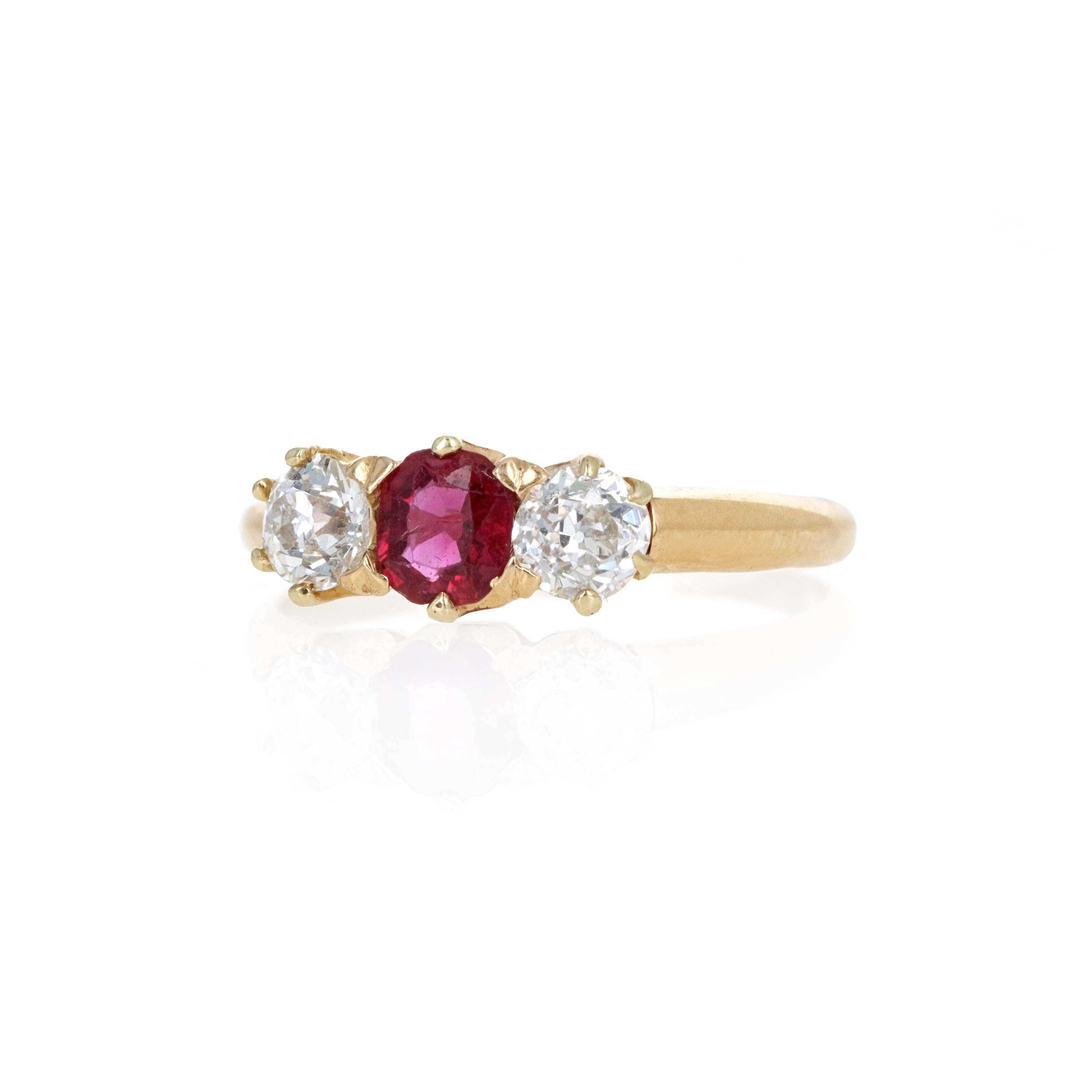 Victorian 14K Yellow Gold 0.33 Carat Old Mine Cut Ruby Diamond Three Stone Ring - Queen May