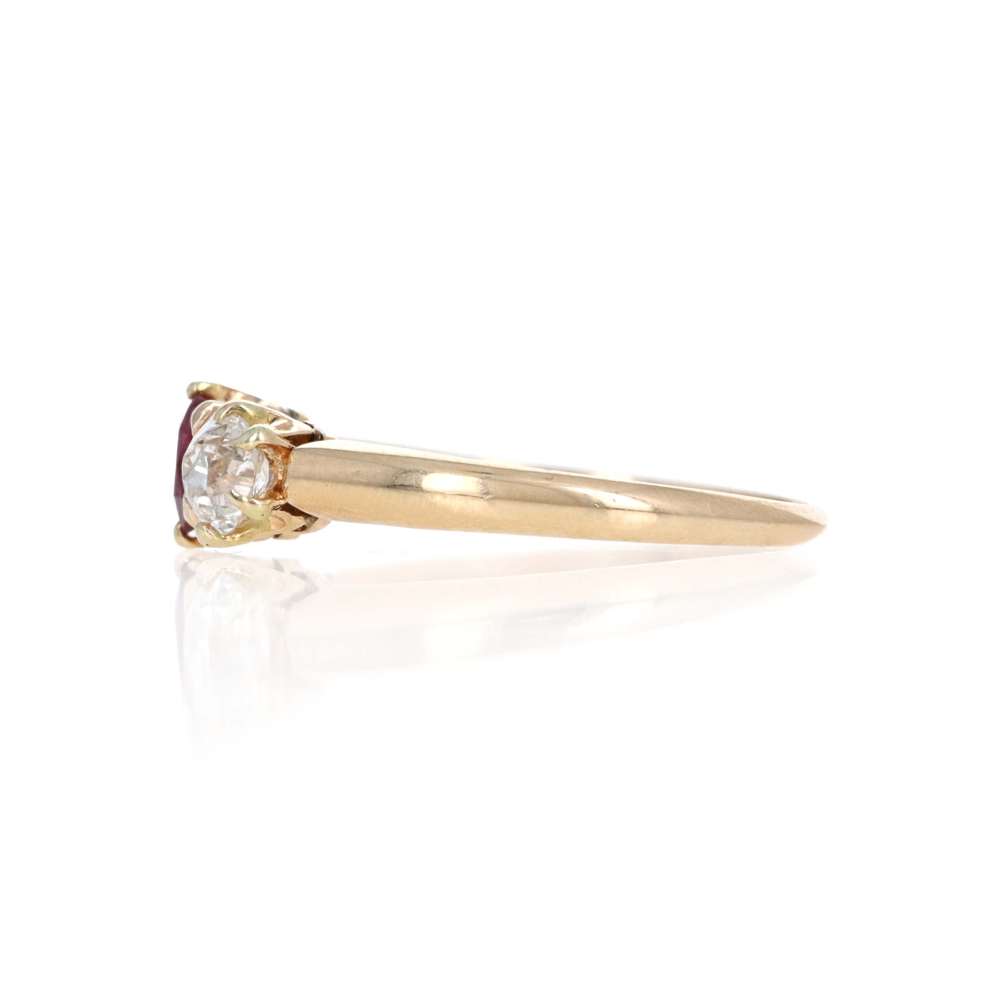 Victorian 14K Yellow Gold 0.33 Carat Old Mine Cut Ruby Diamond Three Stone Ring - Queen May