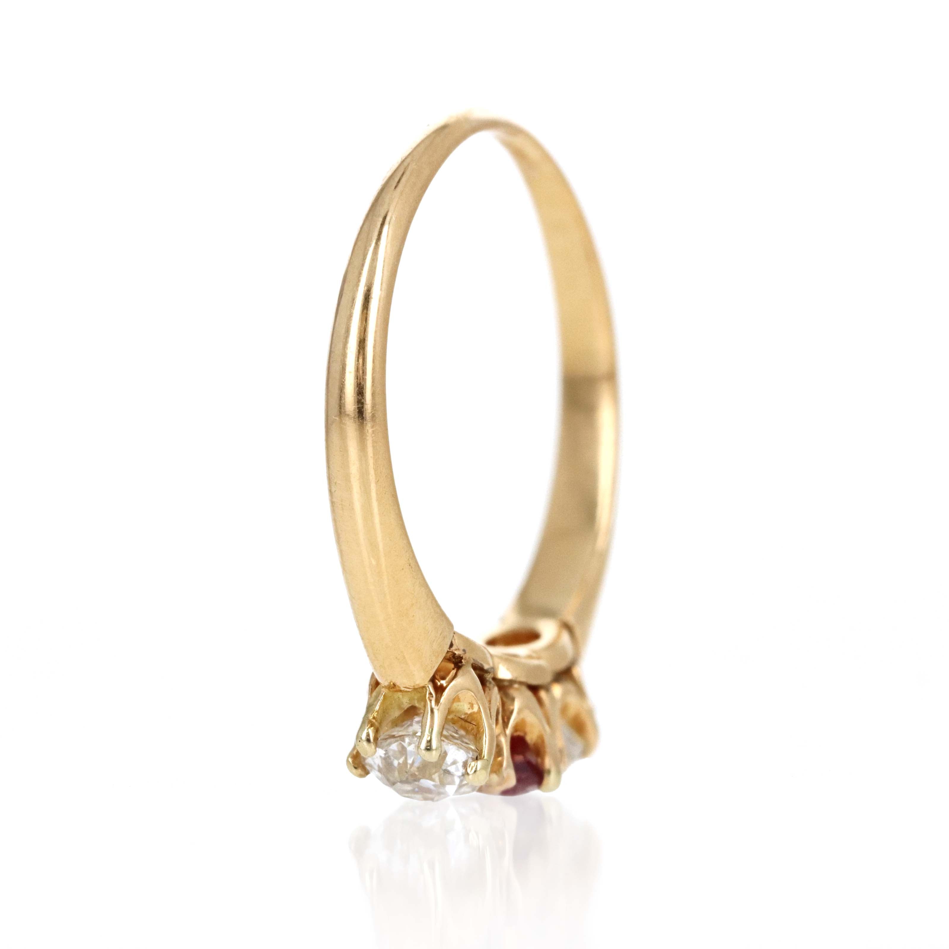 Victorian 14K Yellow Gold 0.33 Carat Old Mine Cut Ruby Diamond Three Stone Ring - Queen May