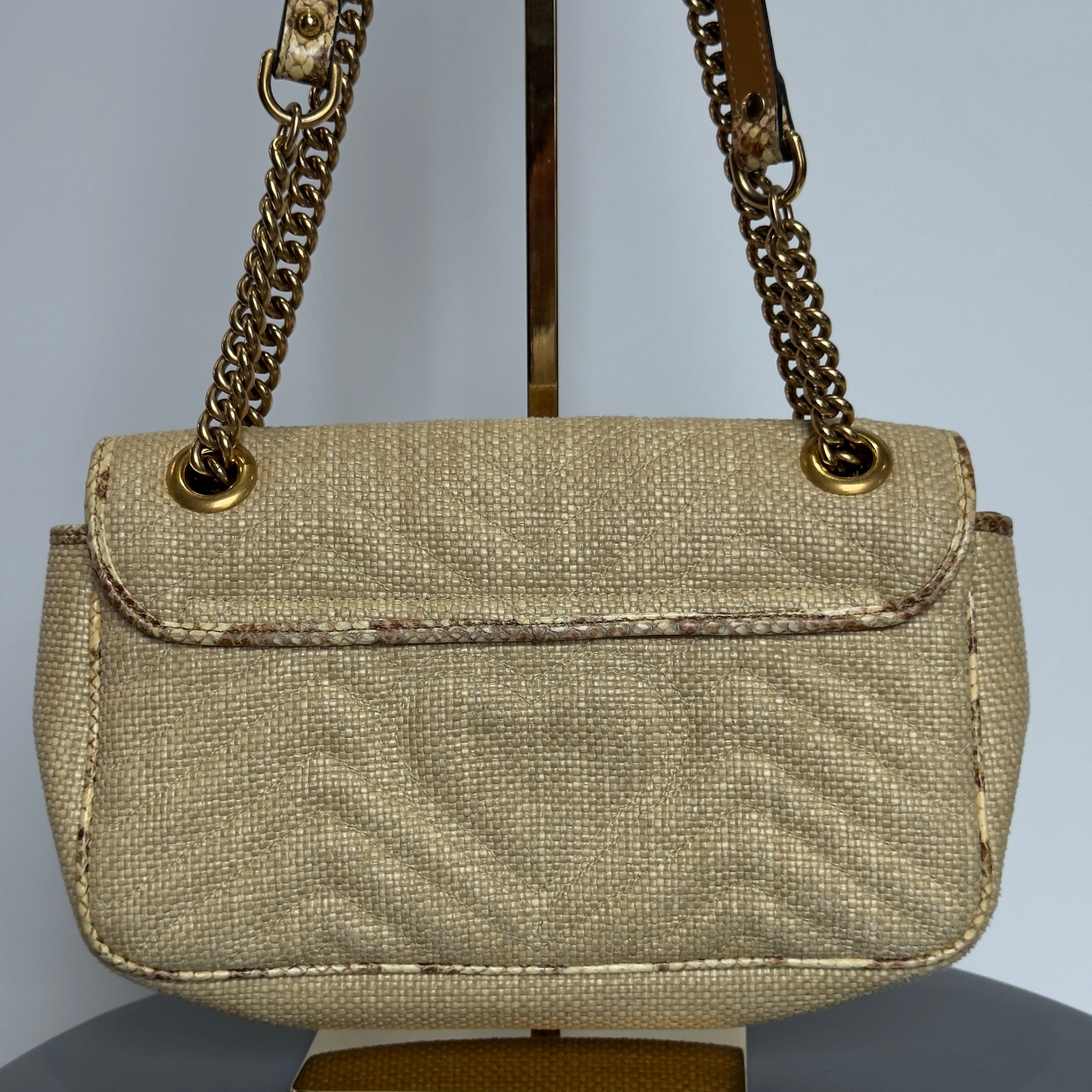 Gucci Raffia Elaphe Matelasse Small GG Shoulder Bag Natural Cream Brown