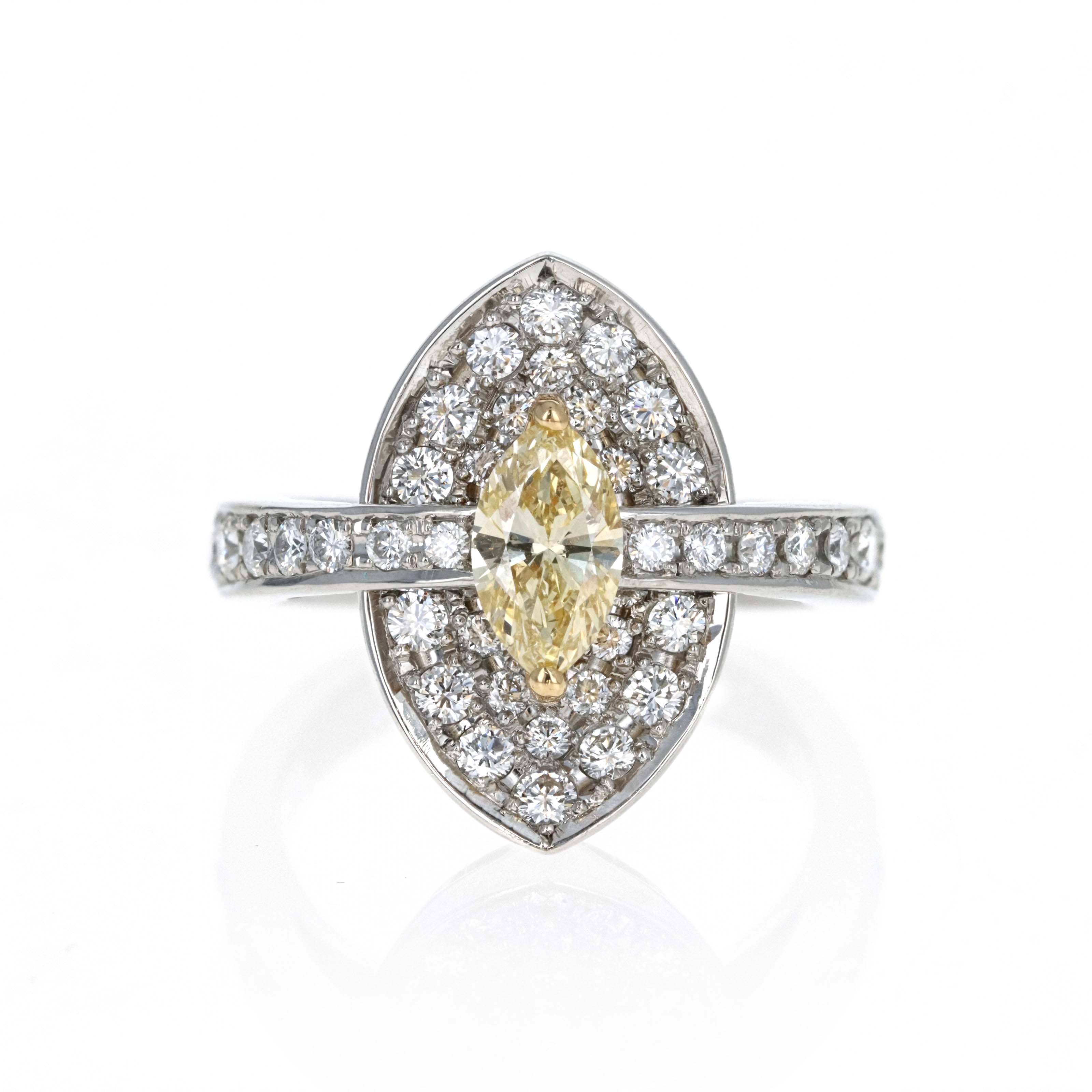 Platinum 0.72 Carat Fancy Yellow Marquise Cut Diamond Pave Engagement Ring - Queen May