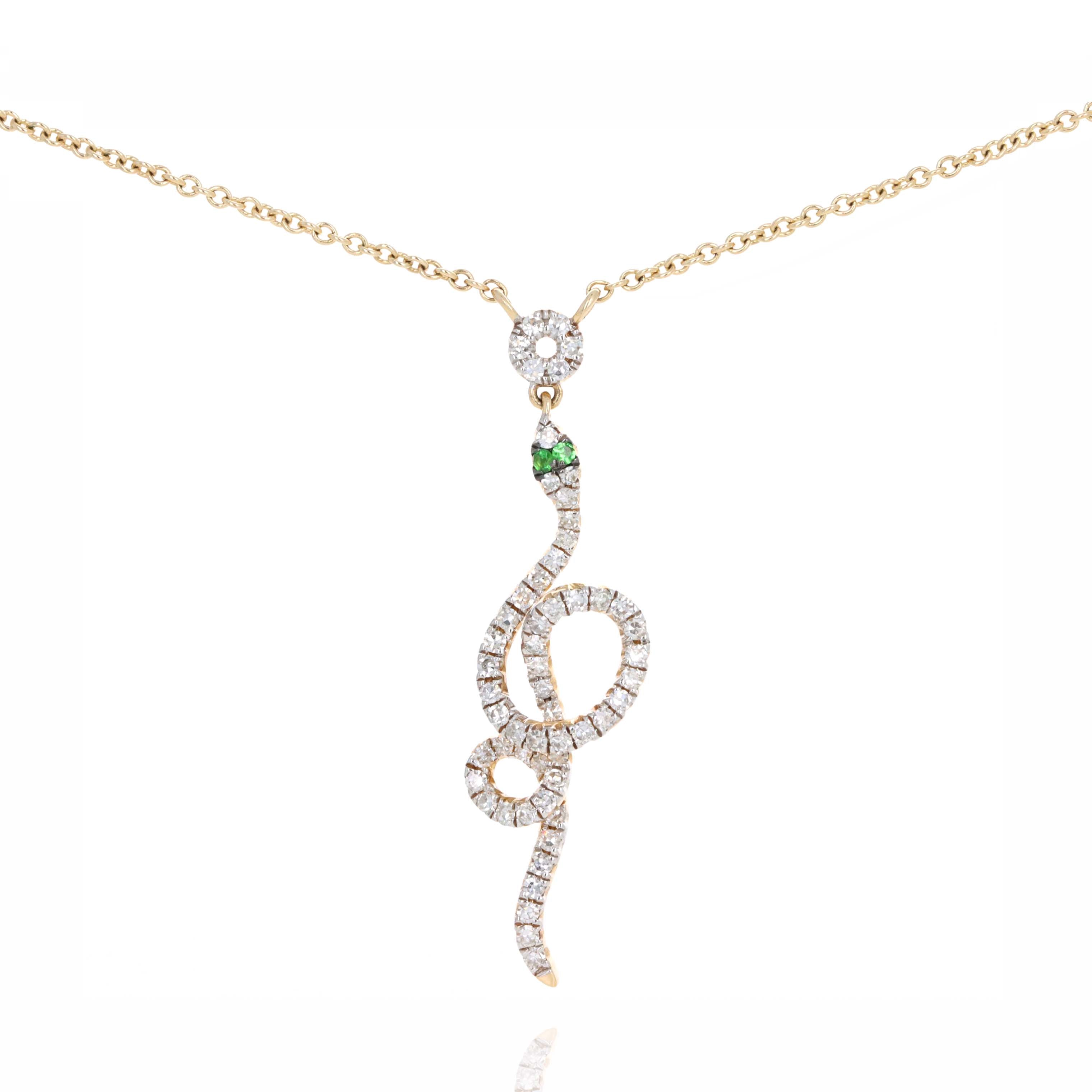 14K Yellow Gold Diamond Tsavorite Snake Pendant Necklace