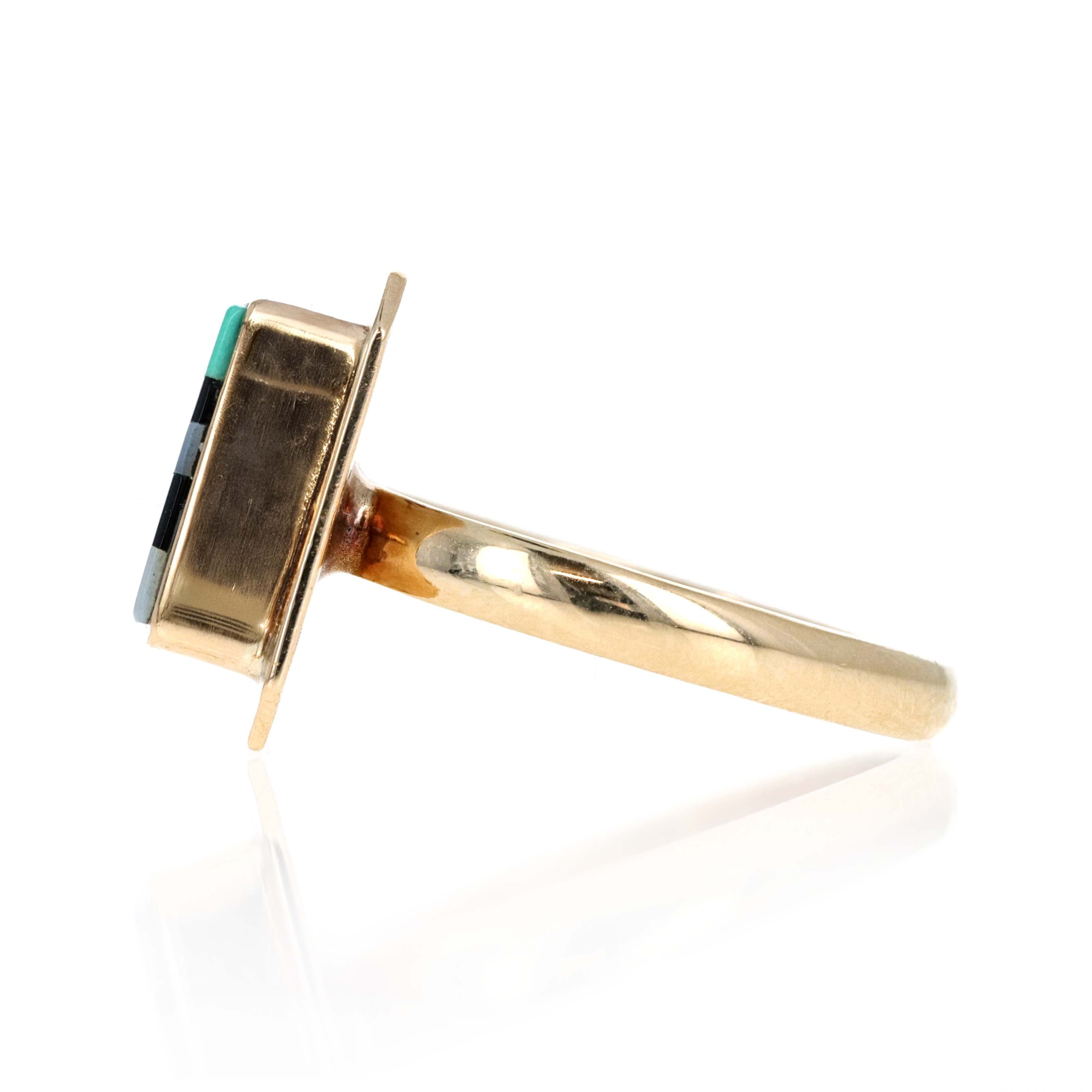 Vintage 14K Yellow Gold Handmade Zuni Face Inlaid Multi-Stone Ring