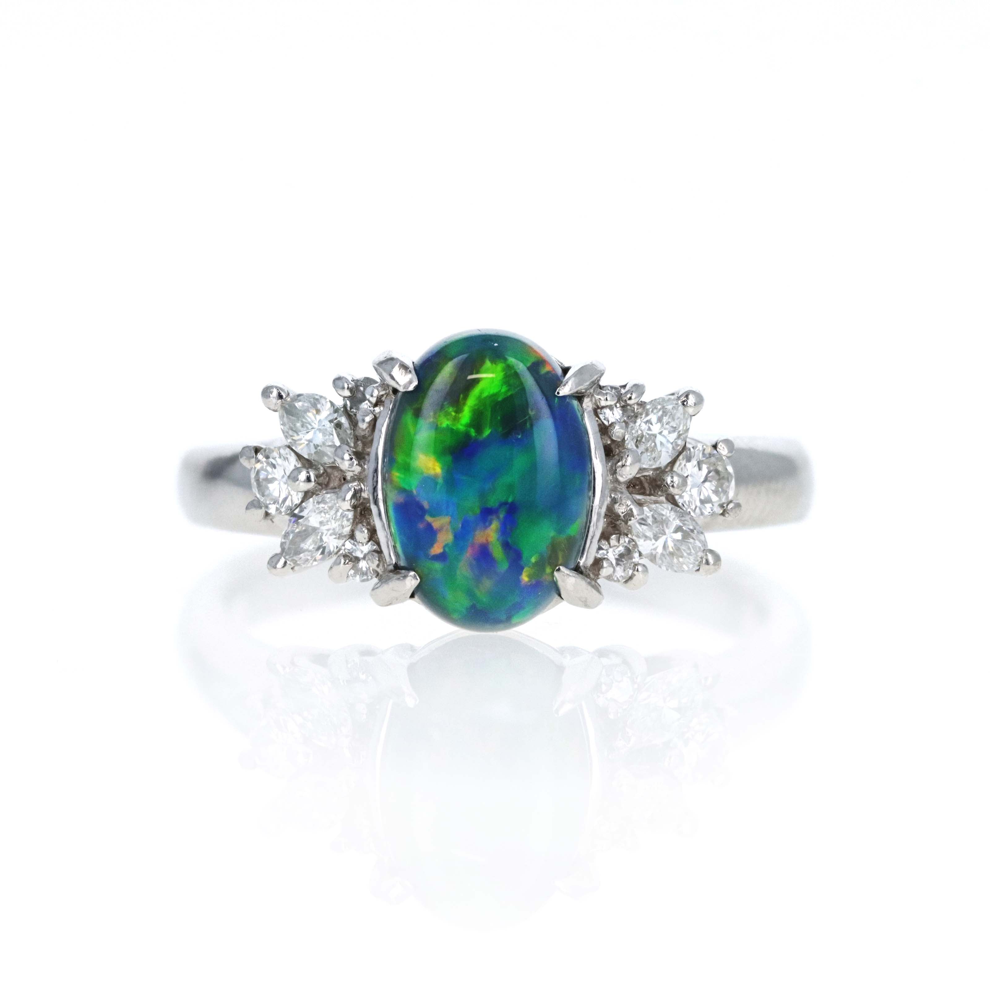 Platinum 1.61 Carat Oval Cabochon Black Opal Diamond Accented Ring - Queen May