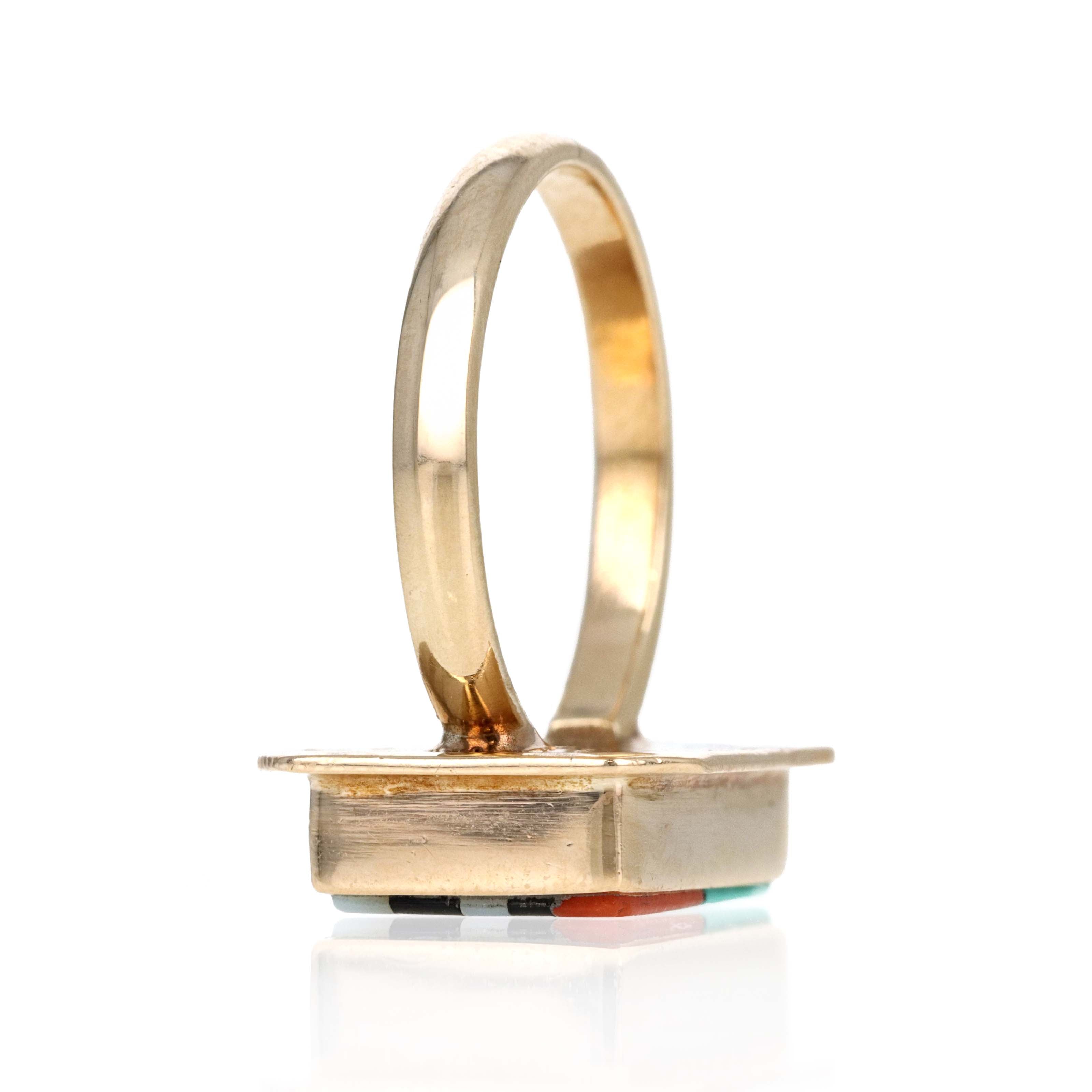 Vintage 14K Yellow Gold Handmade Zuni Face Inlaid Multi-Stone Ring