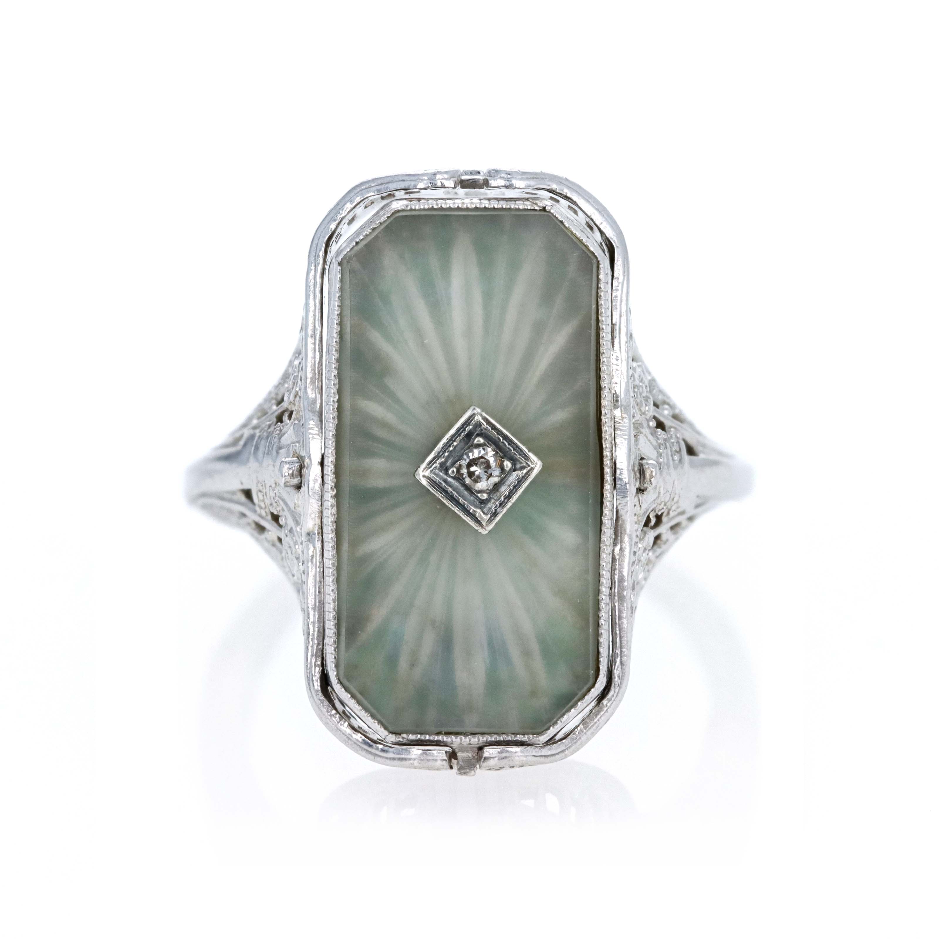 Art Deco 14K White Gold Rock Crystal Quartz & Onyx Flip Ring - Queen May