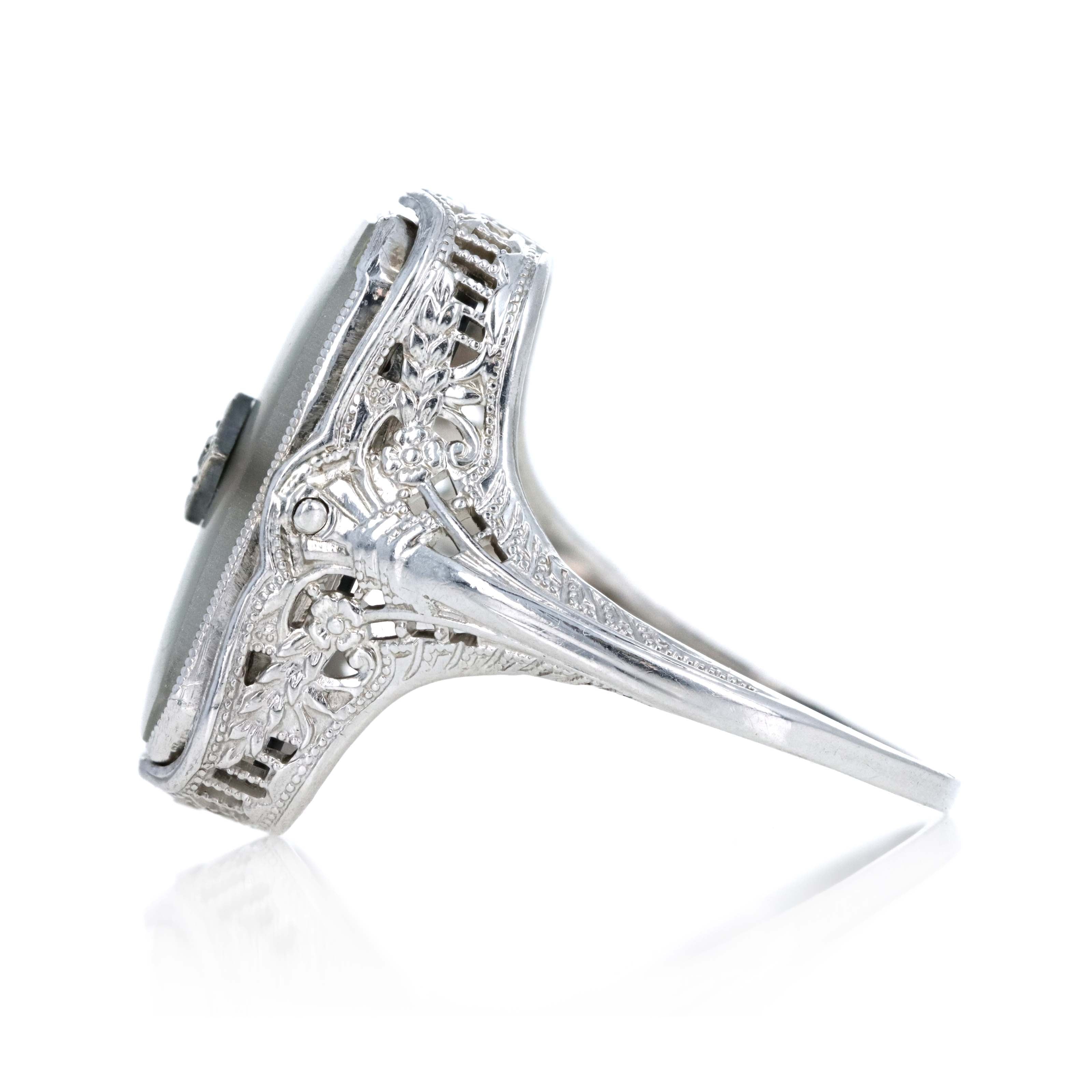 Art Deco 14K White Gold Rock Crystal Quartz & Onyx Flip Ring - Queen May