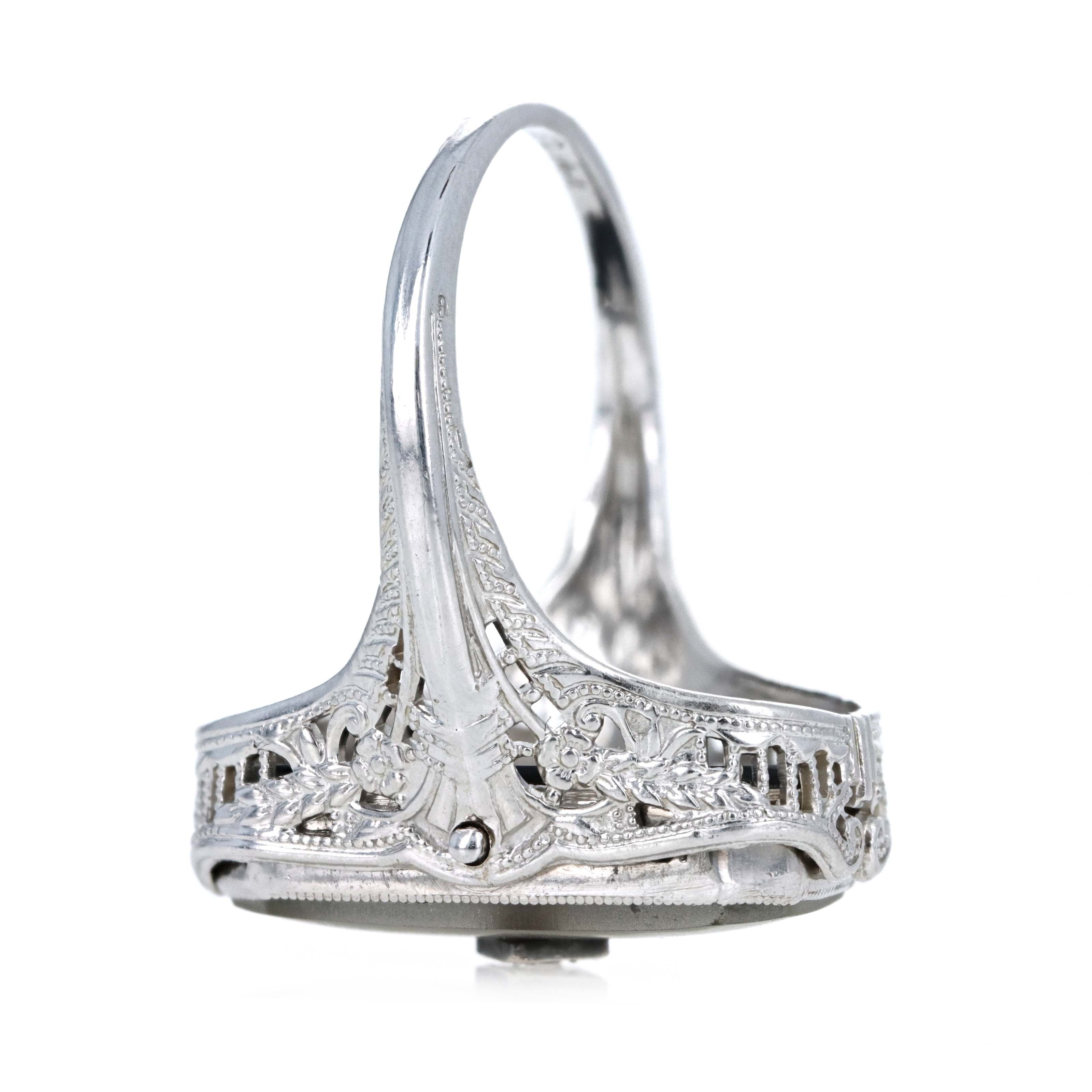 Art Deco 14K White Gold Rock Crystal Quartz & Onyx Flip Ring - Queen May