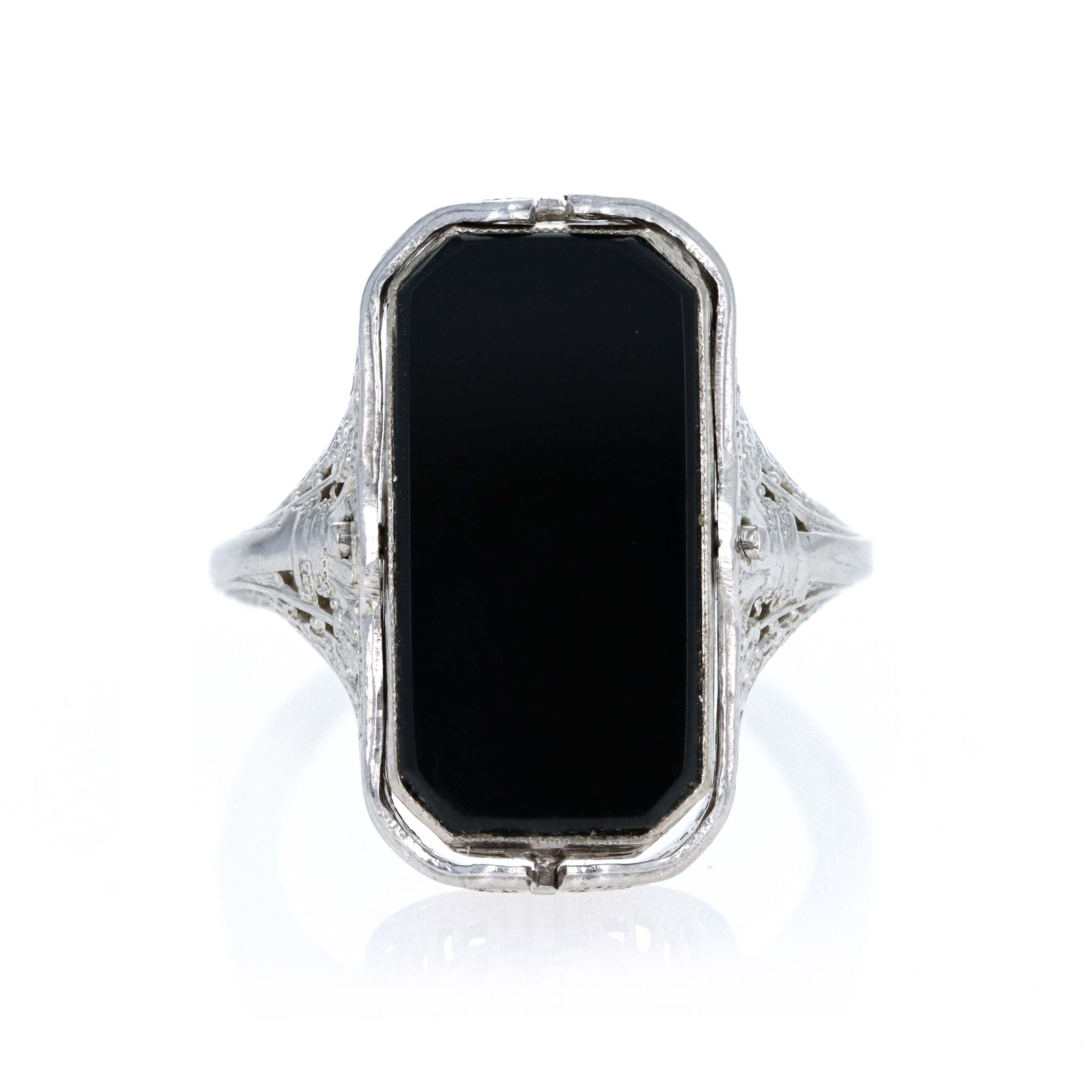 Art Deco 14K White Gold Rock Crystal Quartz & Onyx Flip Ring - Queen May