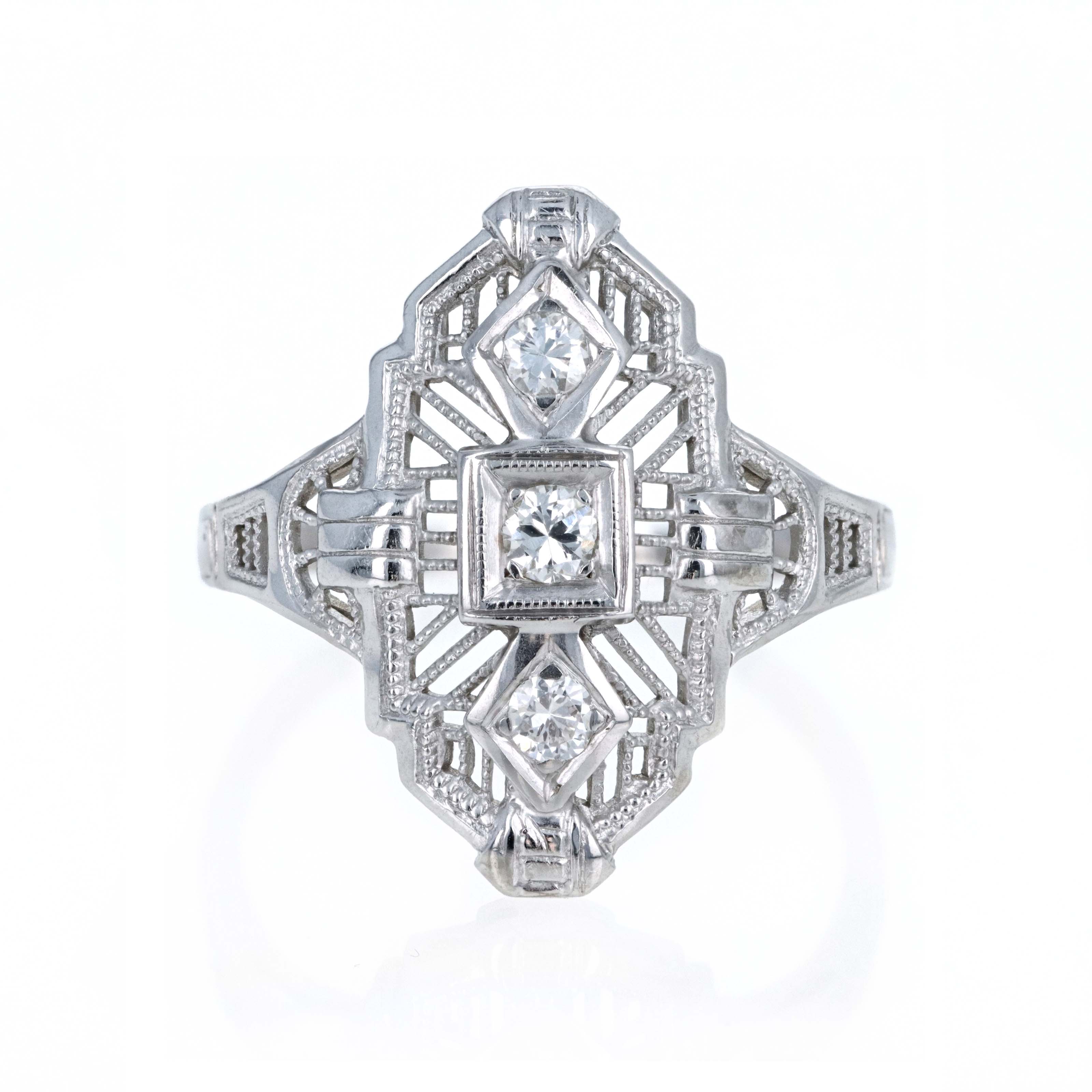 Art Deco 18K White Gold 0.15 Carat Diamond Shield Ring - Queen May