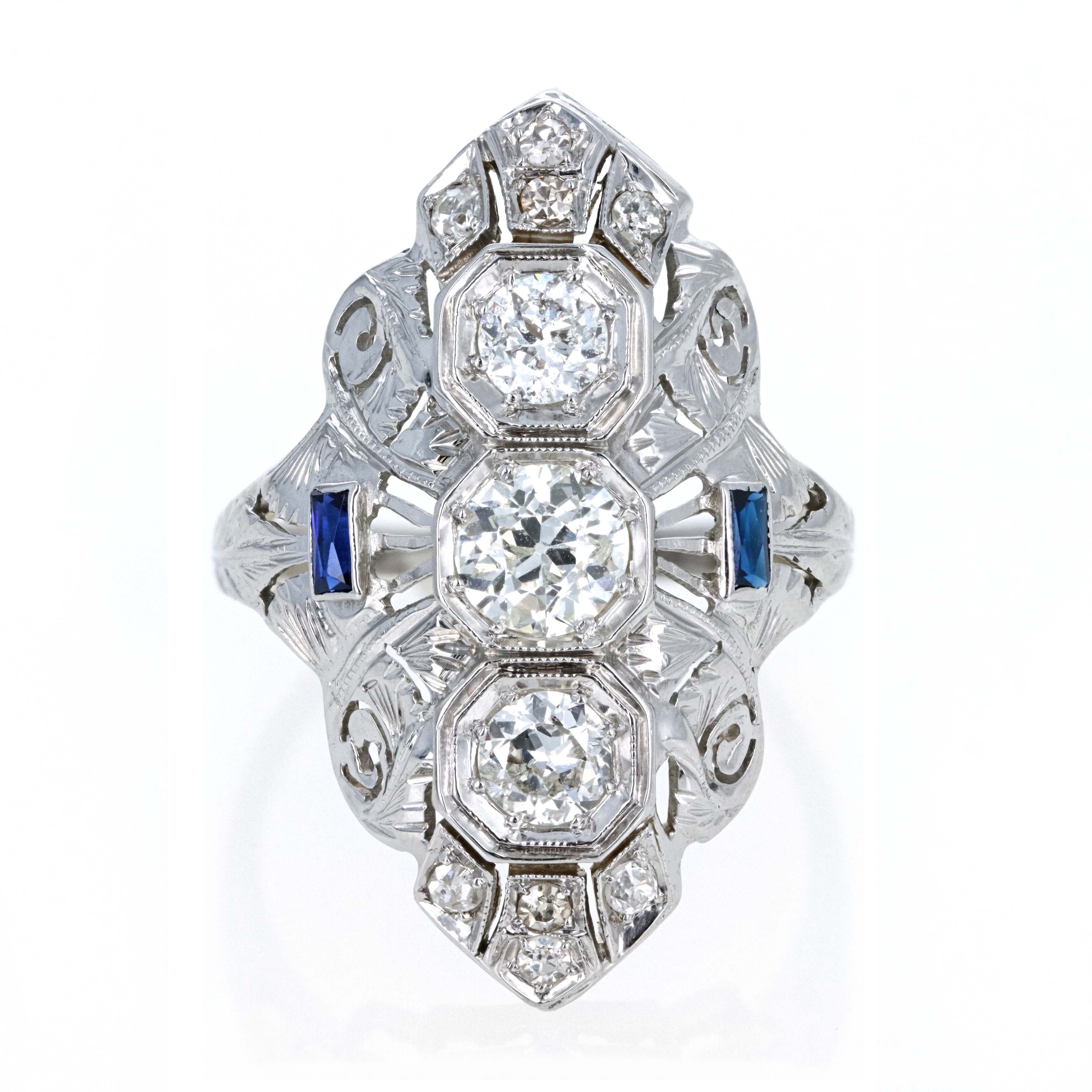 Art Deco 18K White Gold 0.50 Carat Old European Cut Diamond & 0.10 Carat Synthetic Sapphire Shield Ring - Queen May