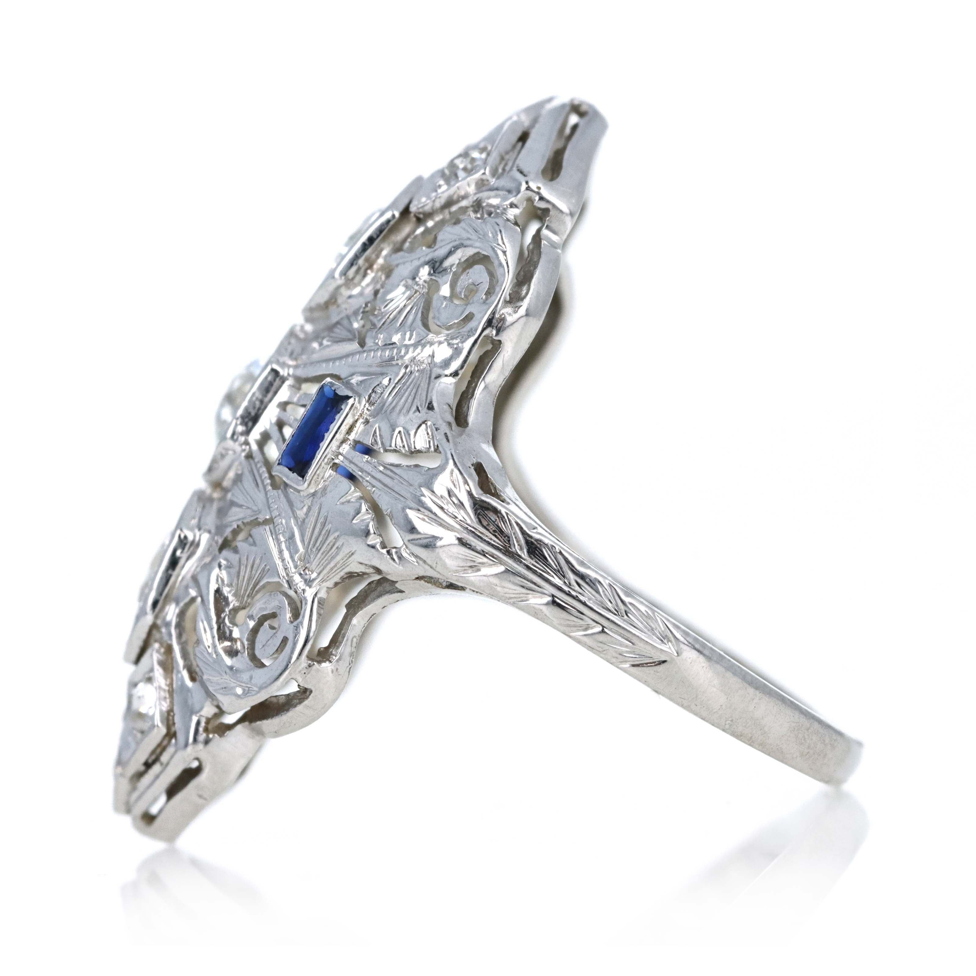Art Deco 18K White Gold 0.50 Carat Old European Cut Diamond & 0.10 Carat Synthetic Sapphire Shield Ring - Queen May