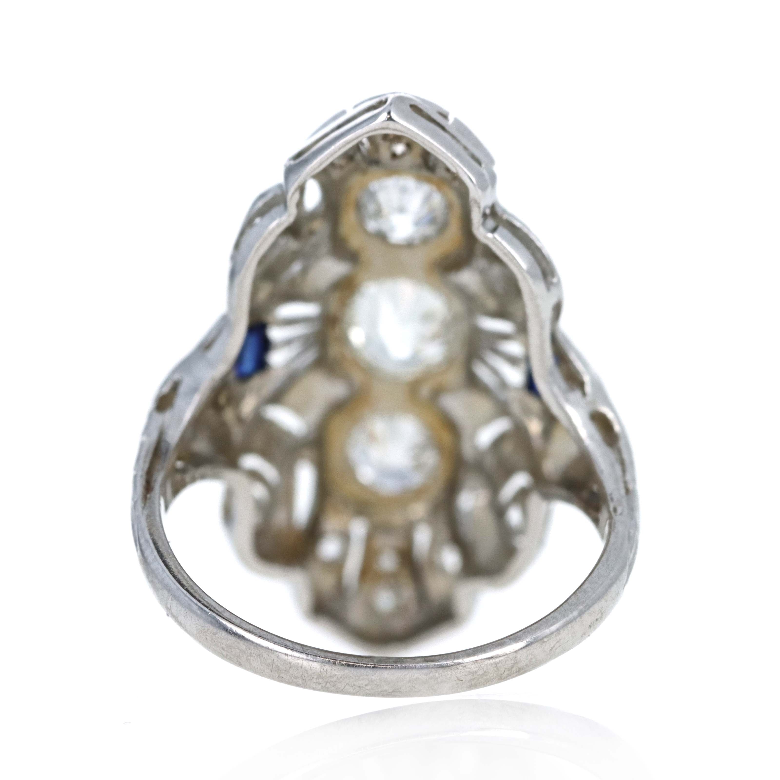 Art Deco 18K White Gold 0.50 Carat Old European Cut Diamond & 0.10 Carat Synthetic Sapphire Shield Ring - Queen May