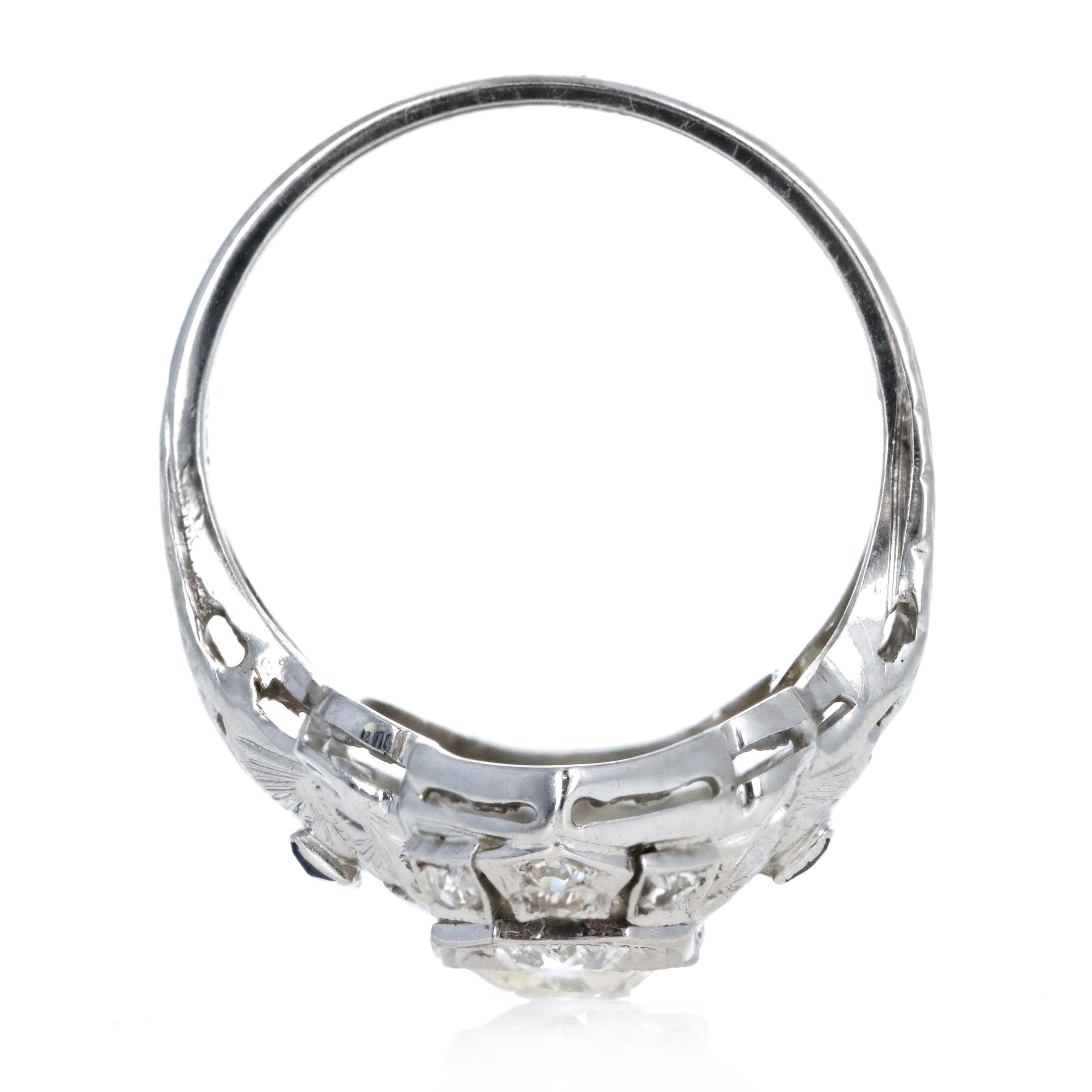 Art Deco 18K White Gold 0.50 Carat Old European Cut Diamond & 0.10 Carat Synthetic Sapphire Shield Ring - Queen May