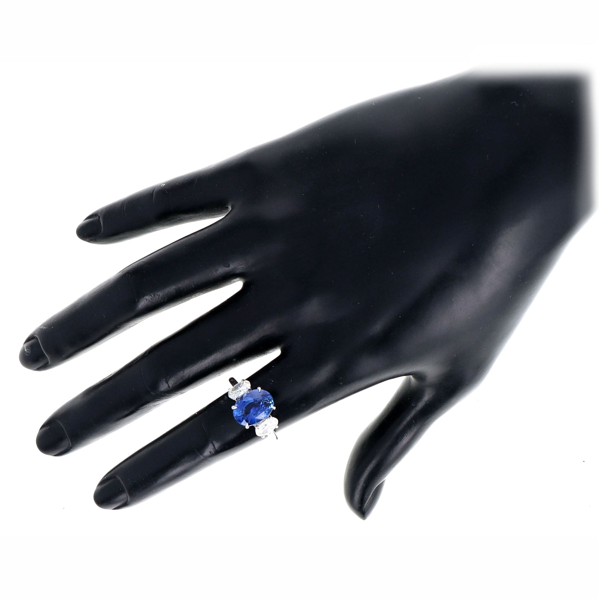 Platinum 5.12 Carat Oval Natural Sapphire Oval Diamond Three Stone Ring - Queen May