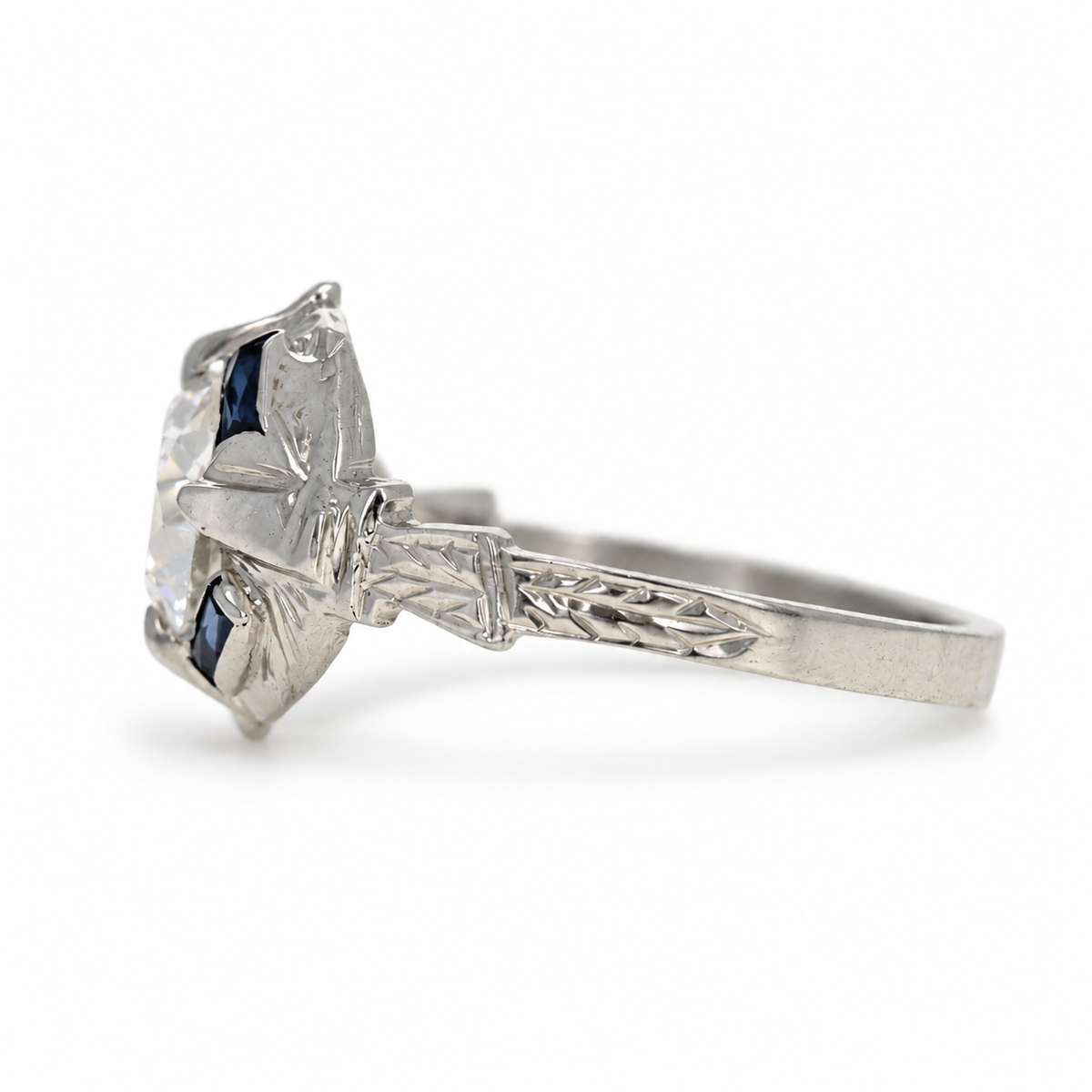 Art Deco 18K White Gold Old European Cut Diamond & Sapphire Ring - Queen May