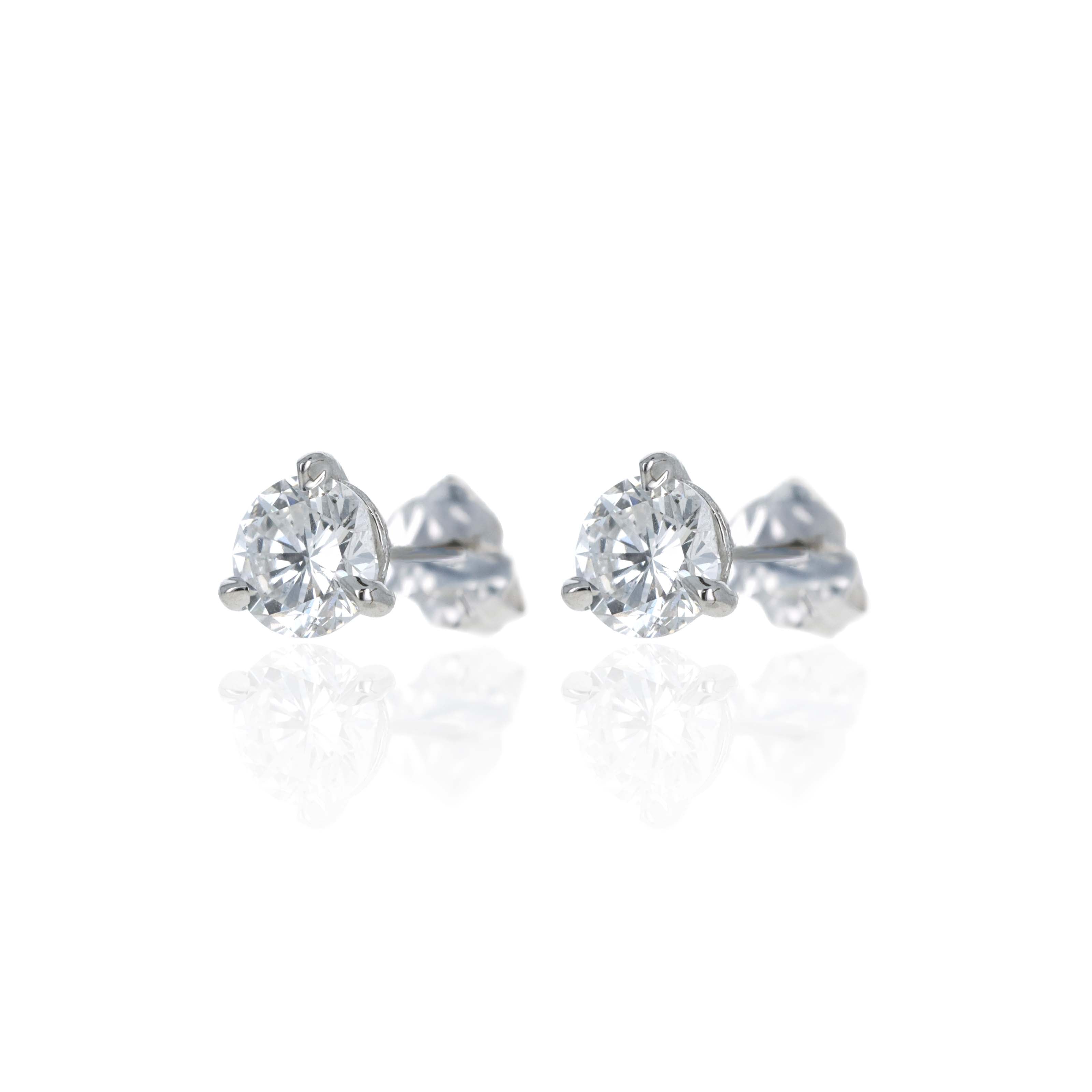 14K White Gold 1.03 Carat Round Brilliant Diamond Three Prong Martini Stud Earrings