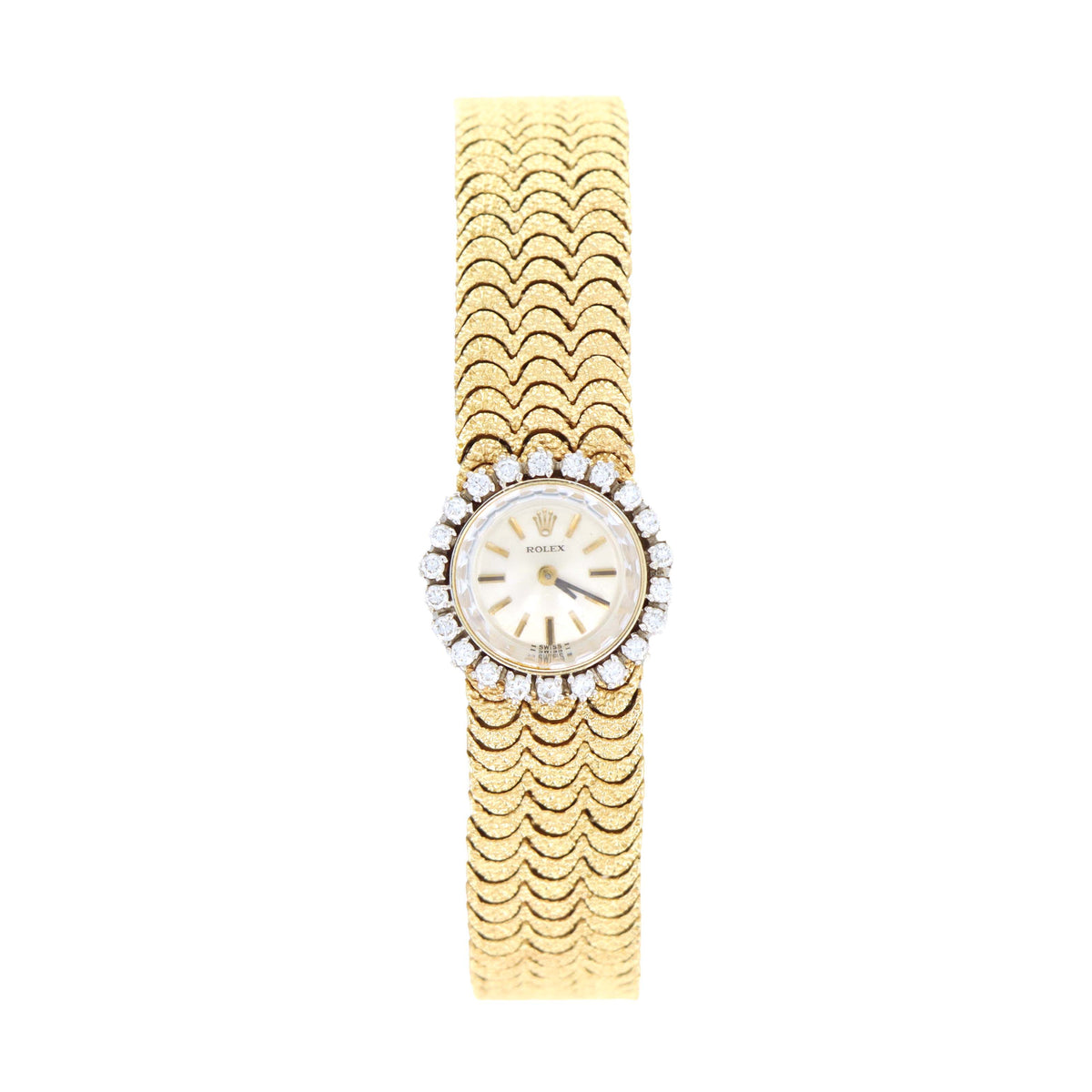 Vintage Rolex Ladies Ref 8159 14K Yellow Gold Scalloped Finish Bracelet With White Gold Diamond Bezel Mechanical Movement Watch
