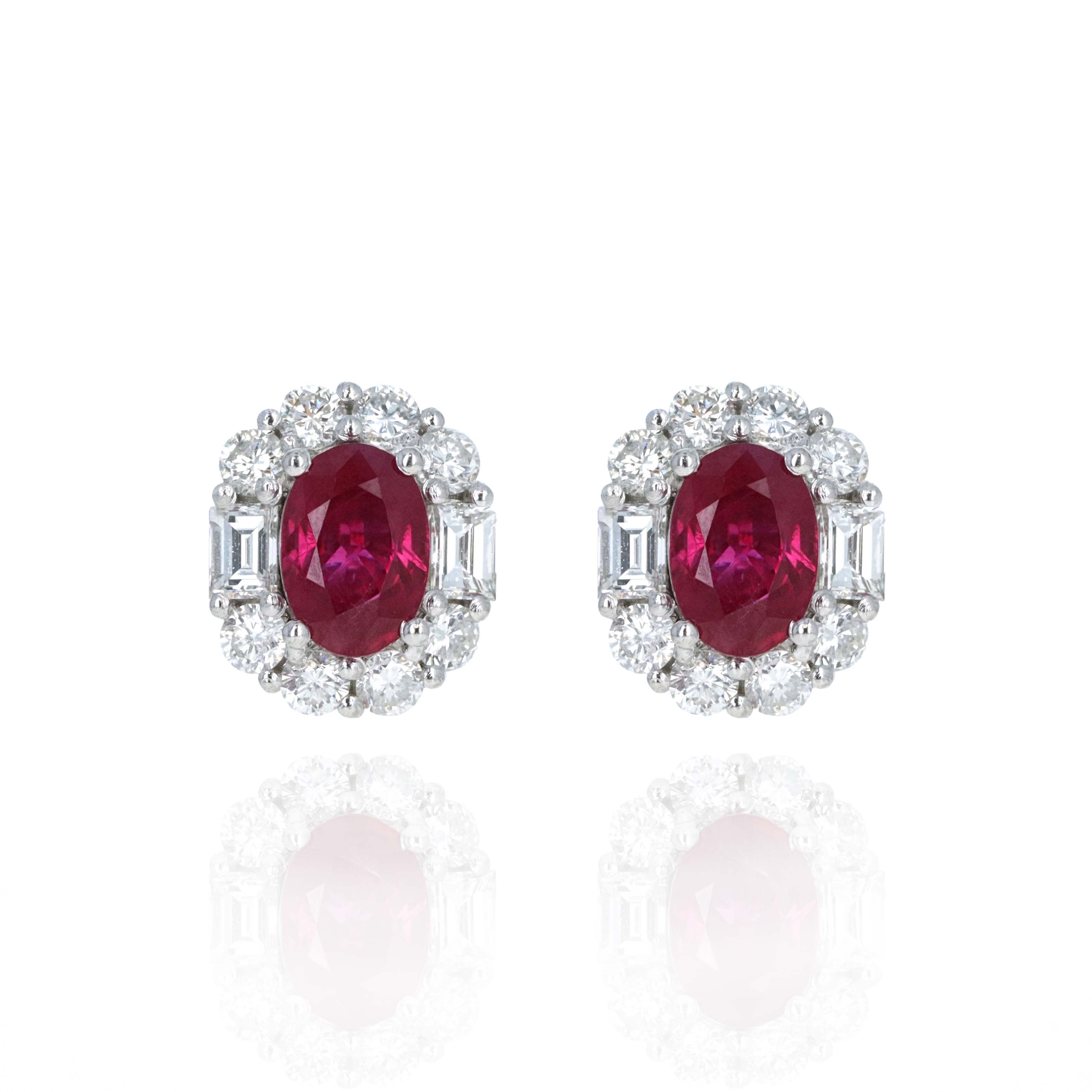Platinum 2.21 Carat Oval Ruby Diamond Halo Stud Earrings - Queen May