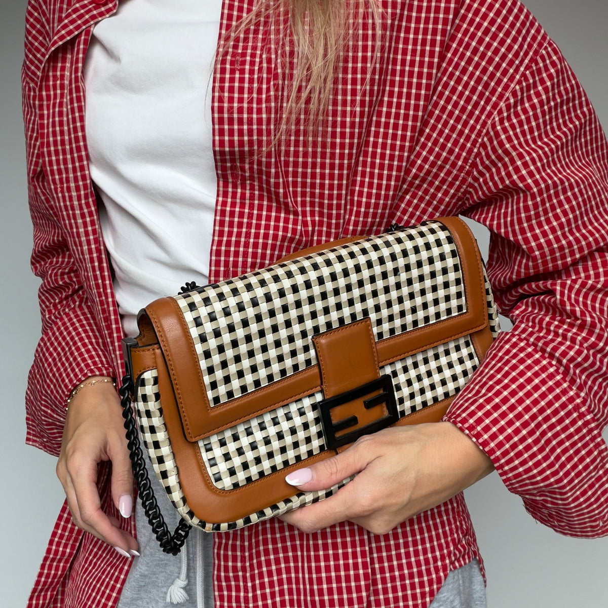 Fendi Baguette Vichy Interlaced Leather Bag