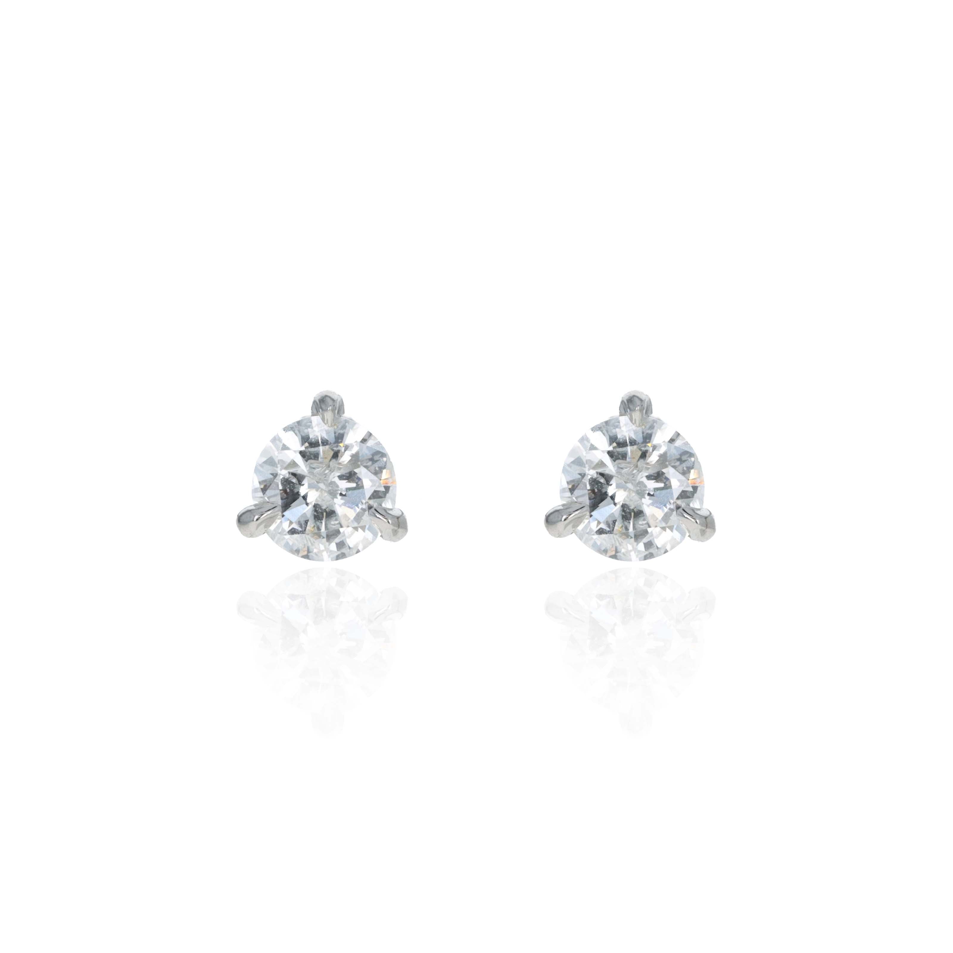 14K White Gold 1.07 Carat Round Brilliant Diamond Three Prong Martini Stud Earrings