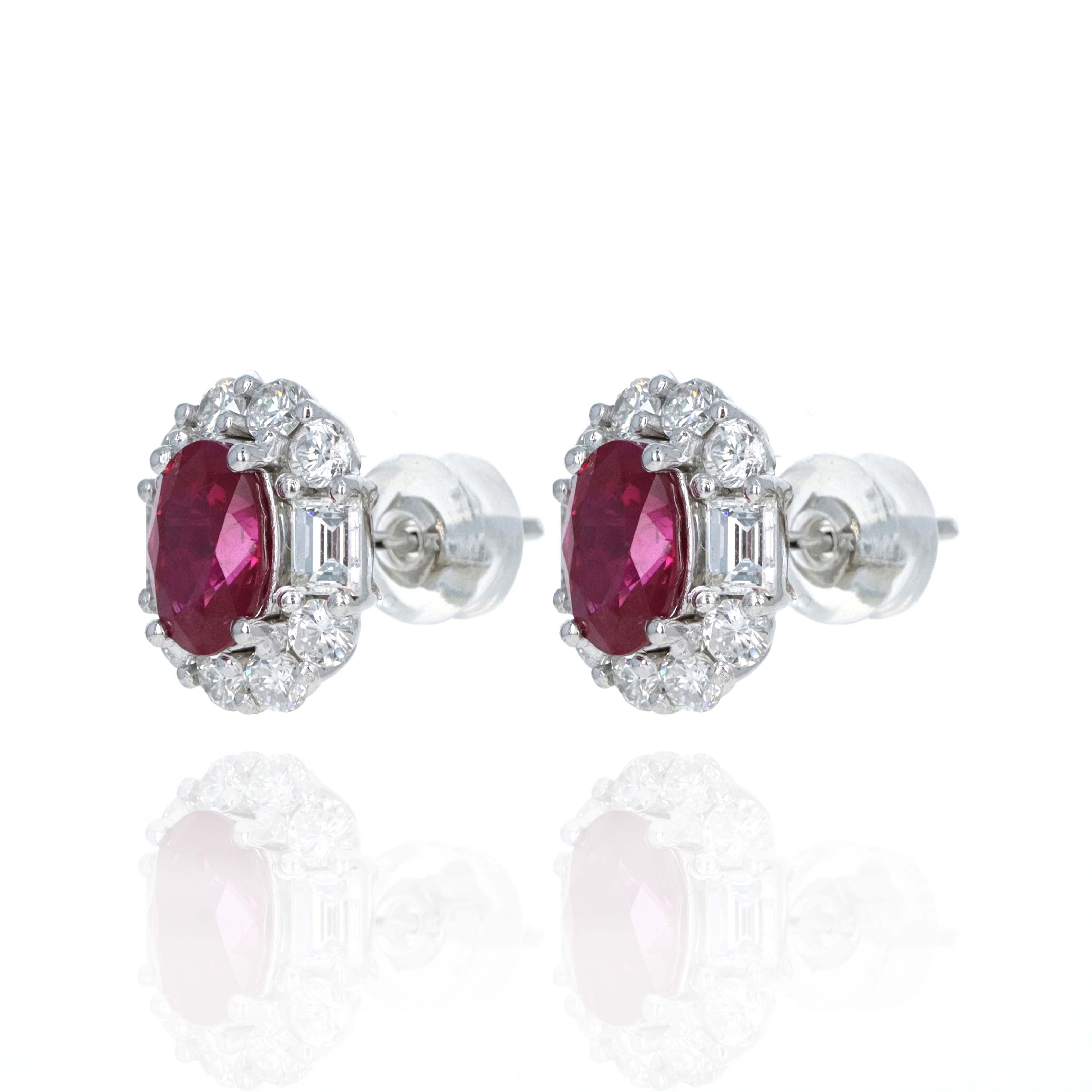 Platinum 2.21 Carat Oval Ruby Diamond Halo Stud Earrings - Queen May