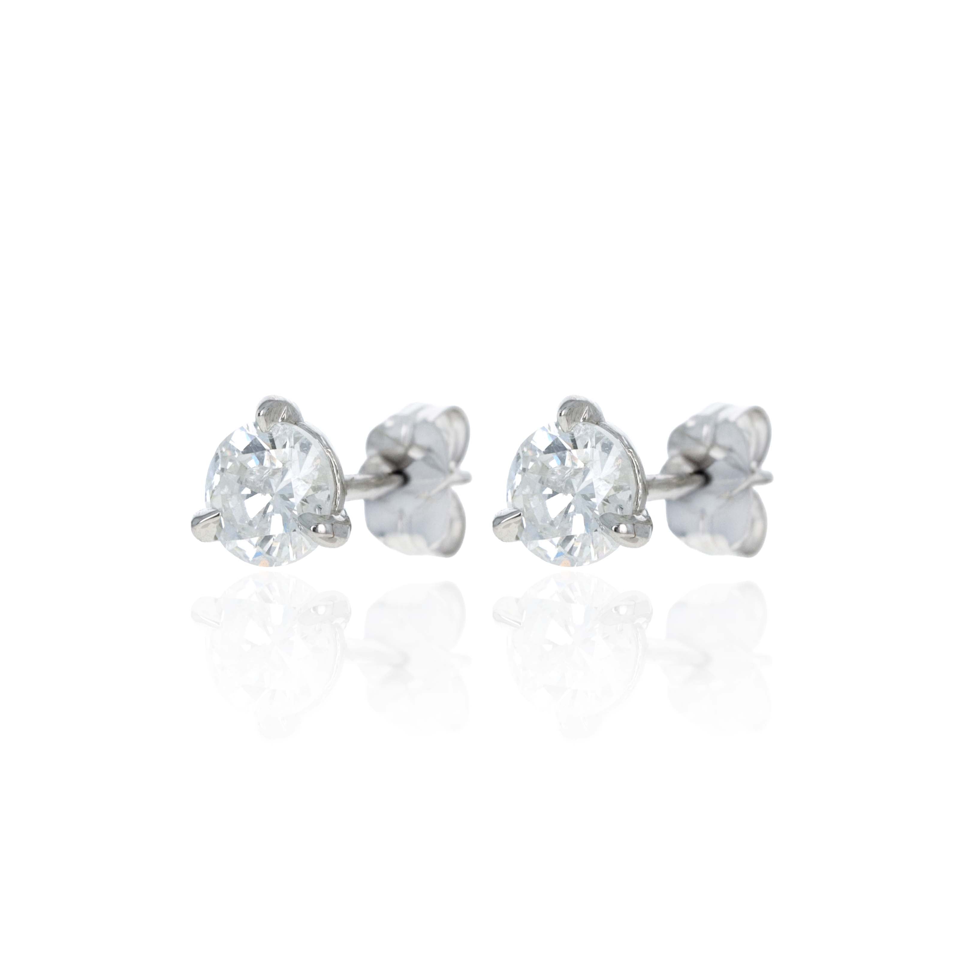 14K White Gold 1.07 Carat Round Brilliant Diamond Three Prong Martini Stud Earrings