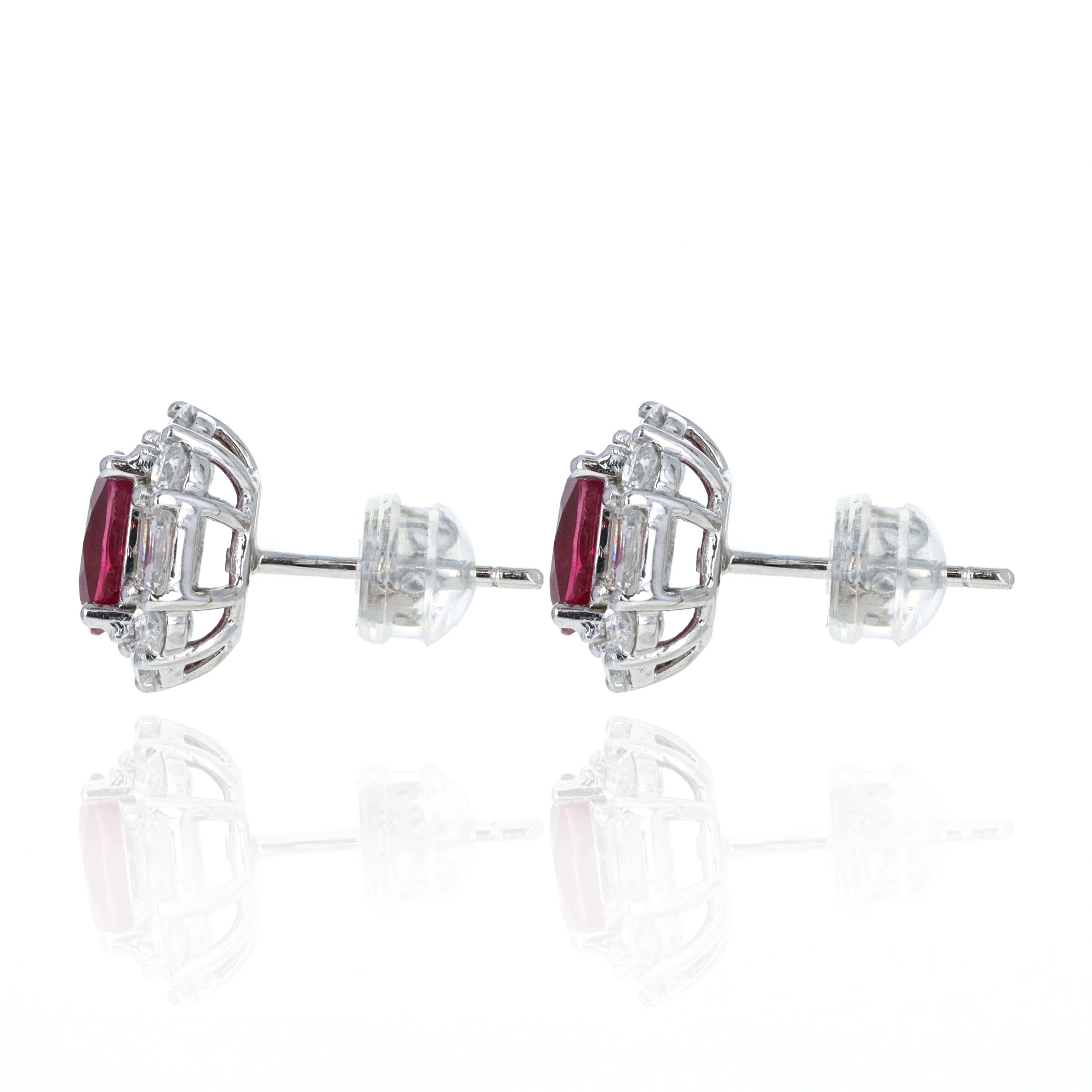Platinum 2.21 Carat Oval Ruby Diamond Halo Stud Earrings - Queen May