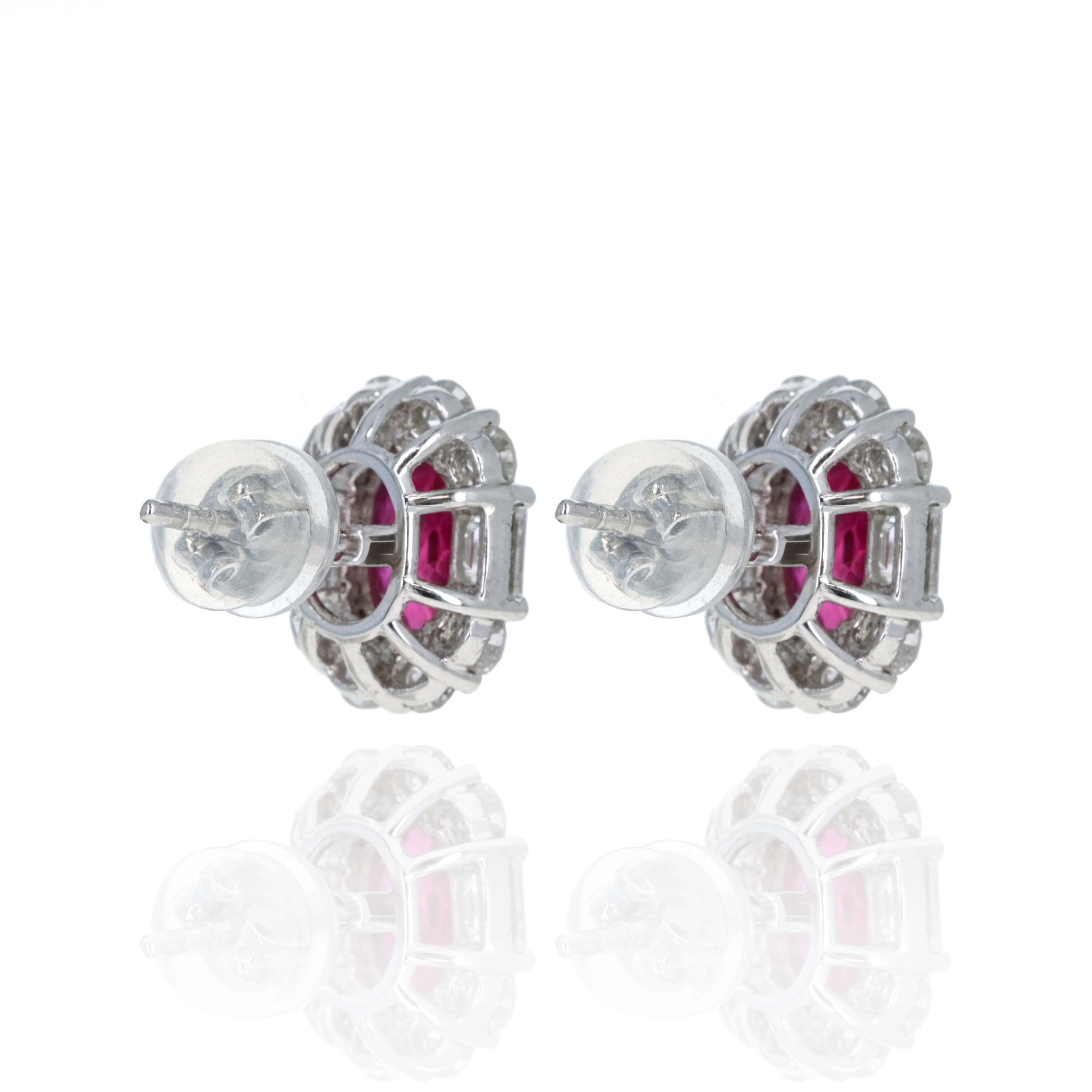 Platinum 2.21 Carat Oval Ruby Diamond Halo Stud Earrings - Queen May