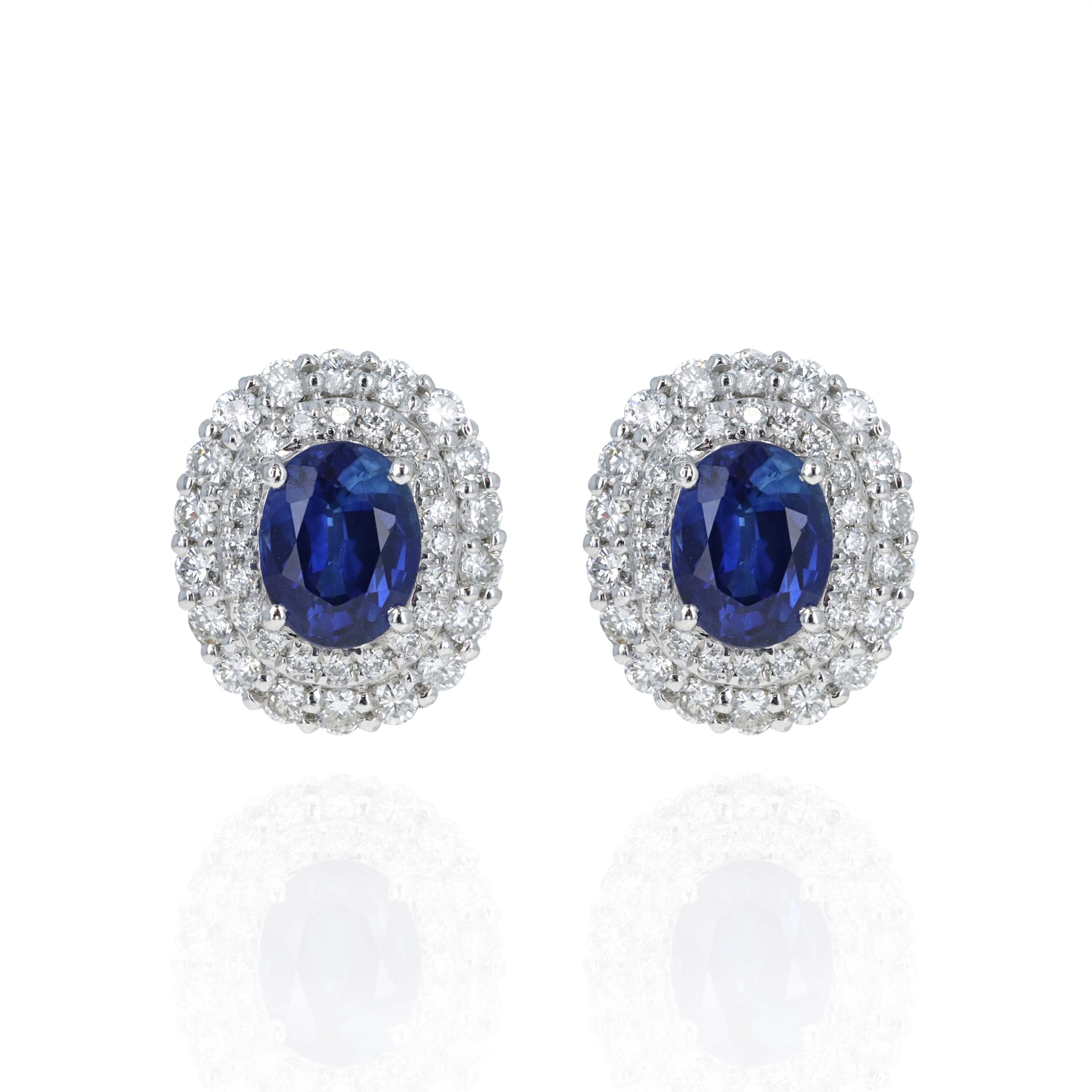 Platinum 2.25 Carat Oval Sapphire Diamond Halo Stud Earrings - Queen May