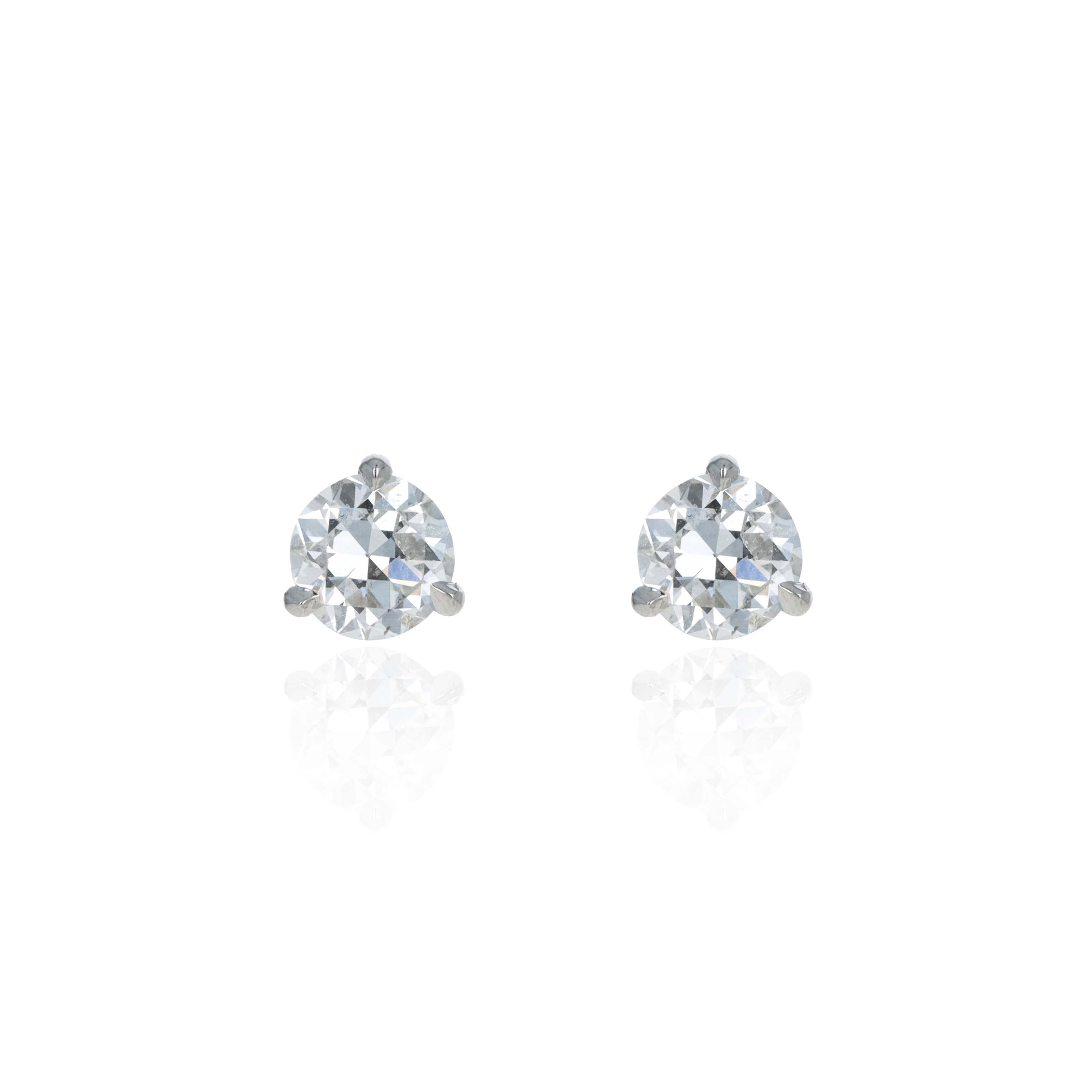 14K White Gold 1.18 Carat Old European Cut Diamond Three Prong Martini Stud Earrings