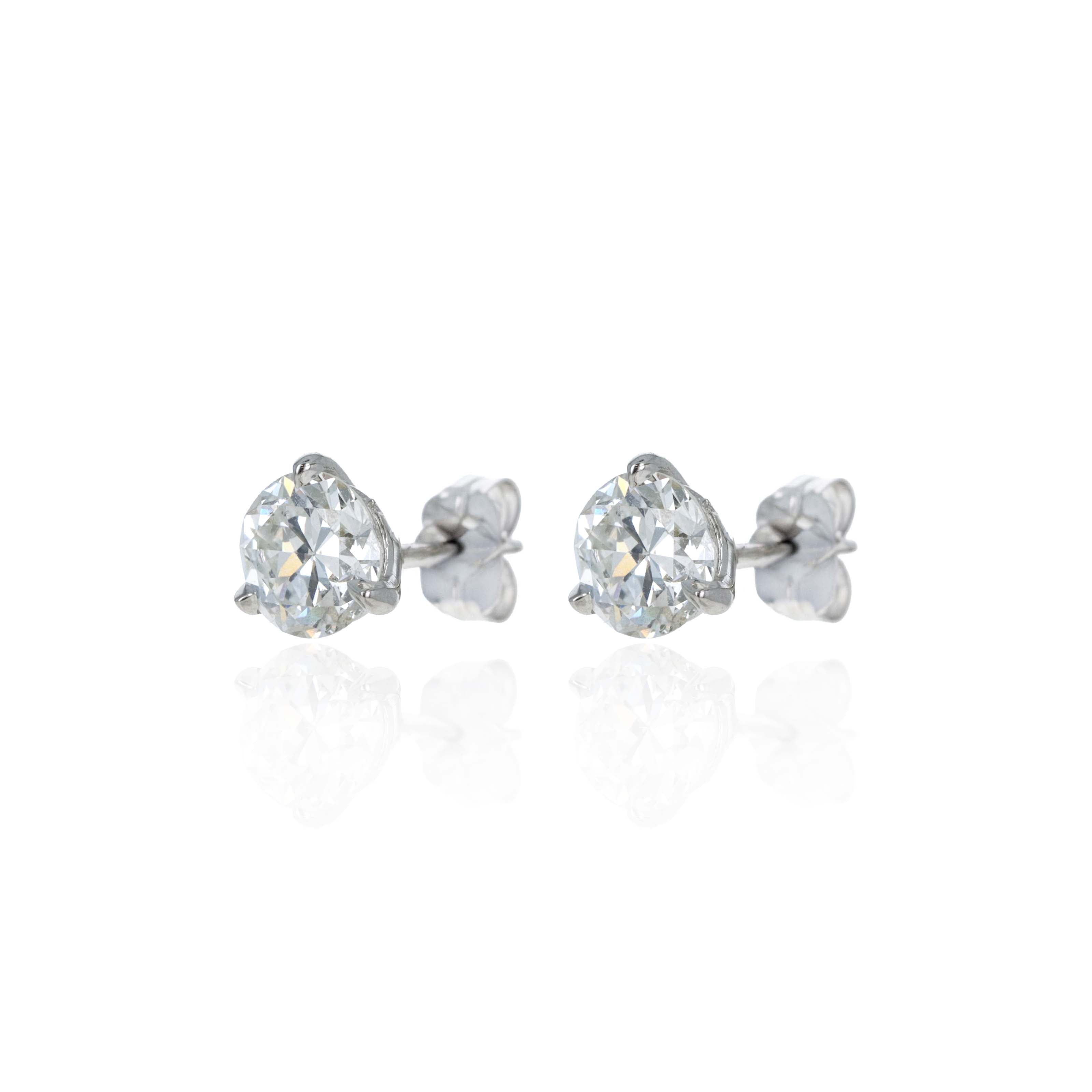 14K White Gold 1.18 Carat Old European Cut Diamond Three Prong Martini Stud Earrings