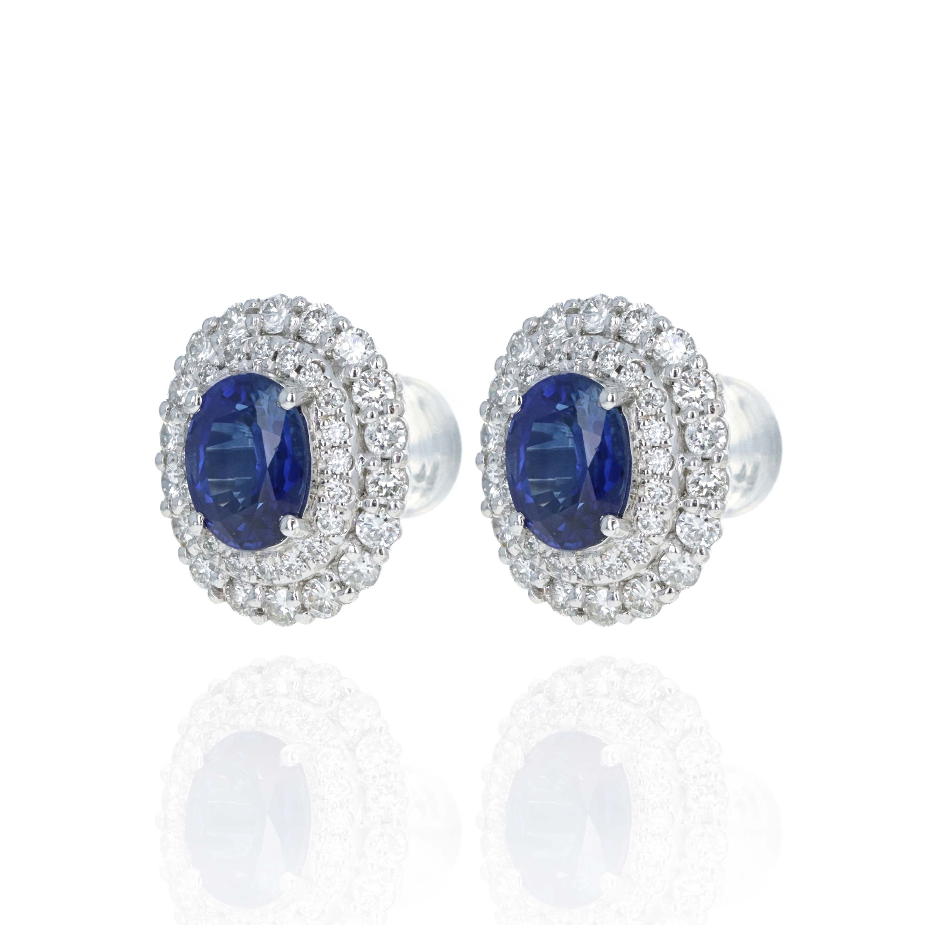 Platinum 2.25 Carat Oval Sapphire Diamond Halo Stud Earrings - Queen May
