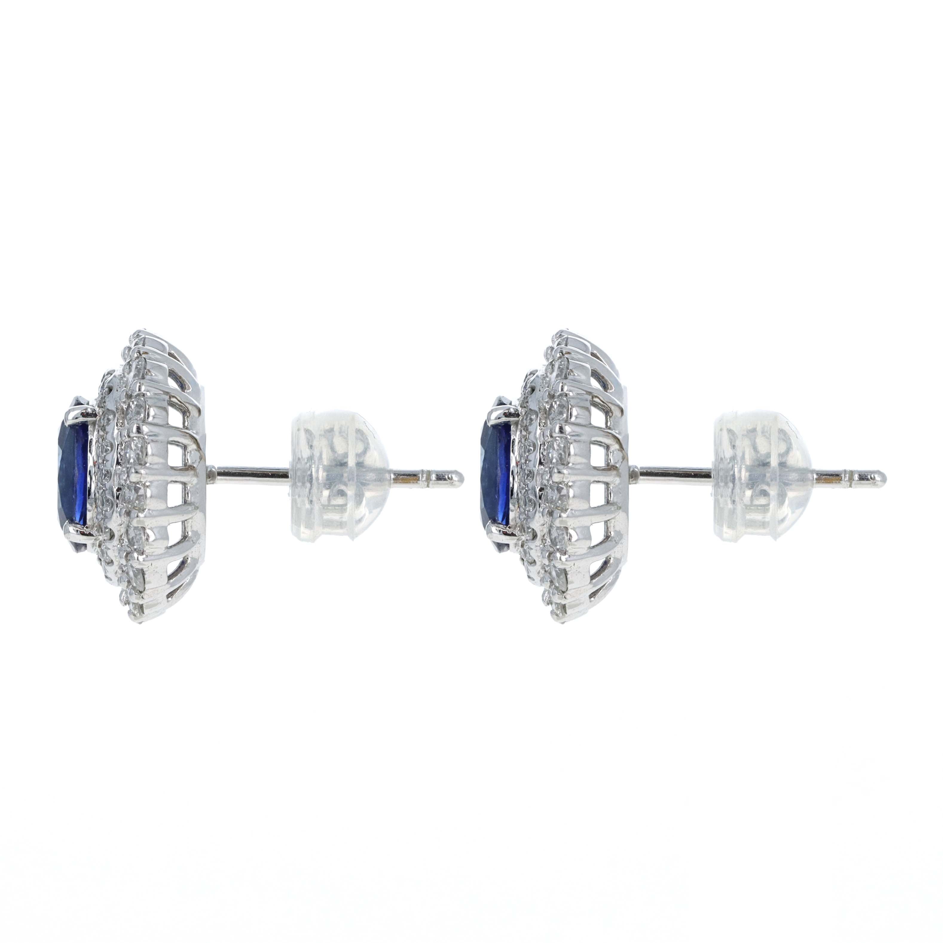 Platinum 2.25 Carat Oval Sapphire Diamond Halo Stud Earrings - Queen May