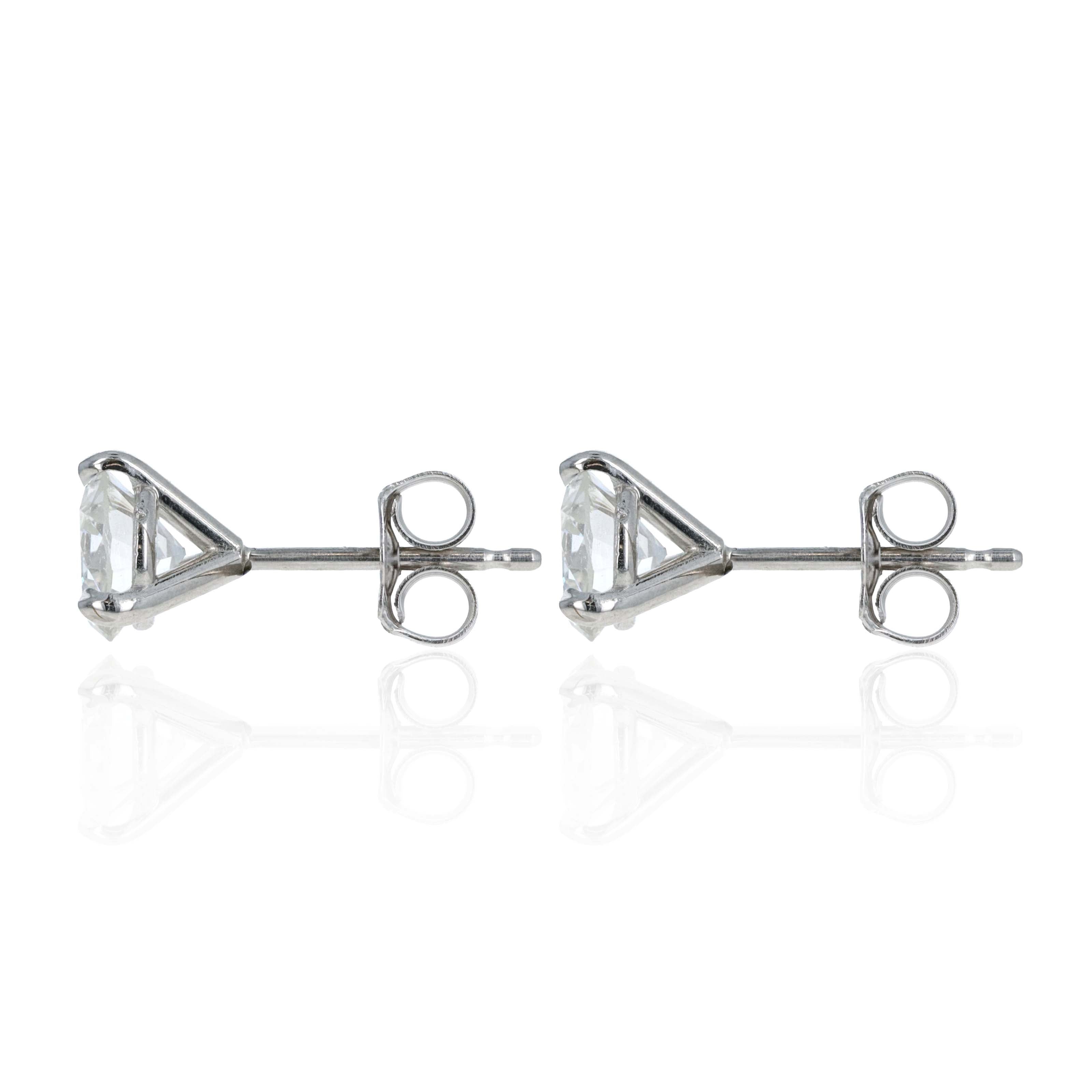14K White Gold 1.18 Carat Old European Cut Diamond Three Prong Martini Stud Earrings