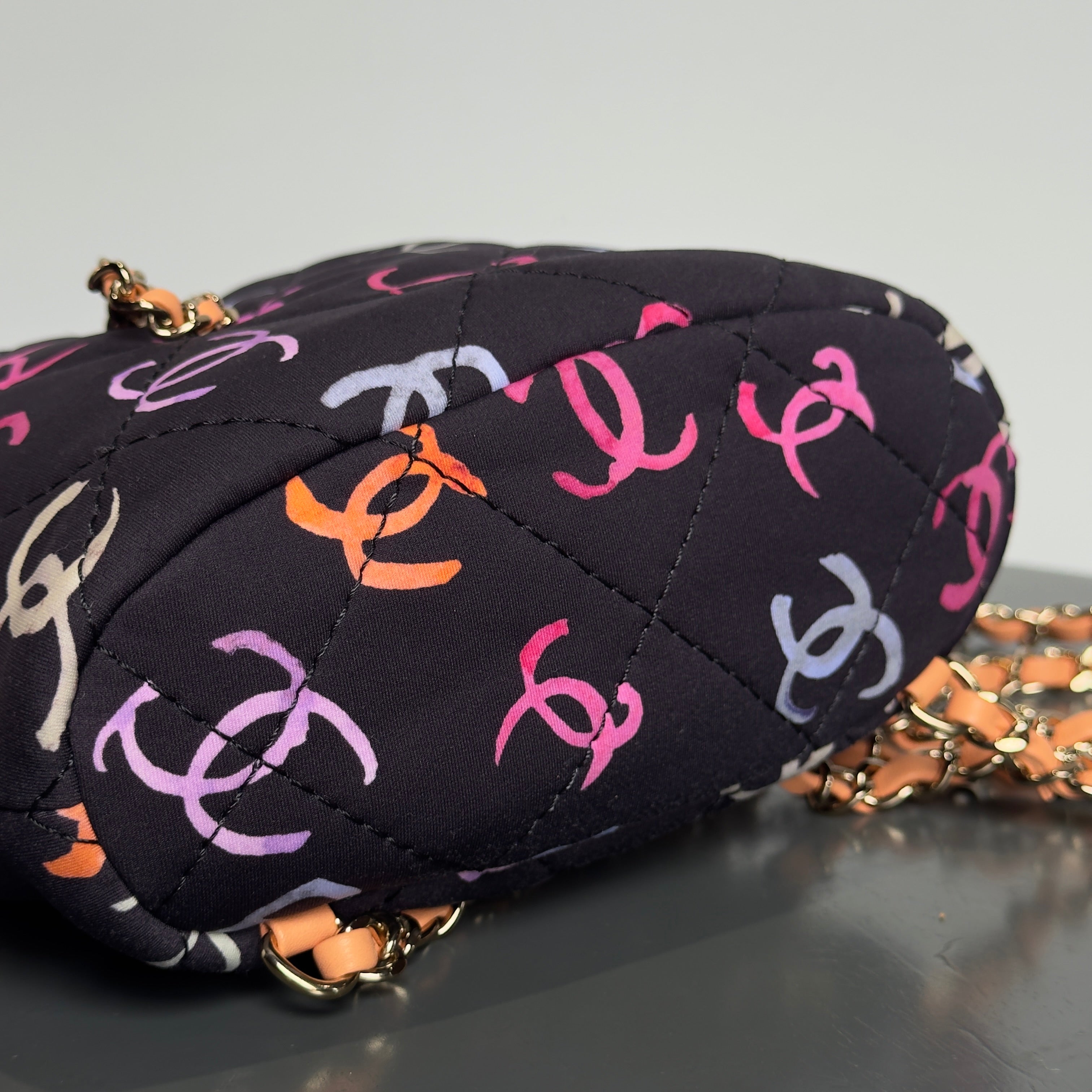 Chanel Medium CC Drawstring Backpack Multicolored Printed Fabric Light Gold Hardware