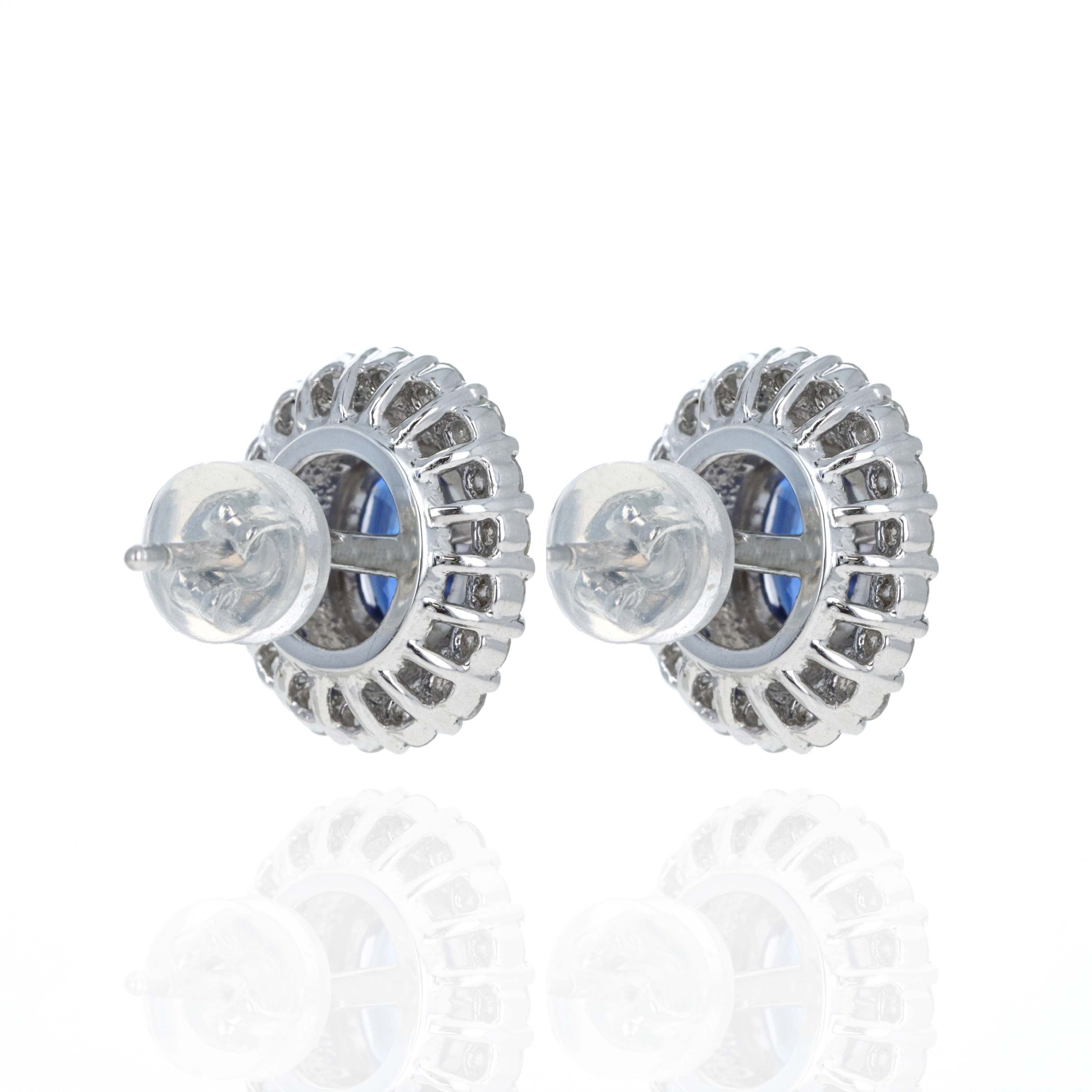 Platinum 2.25 Carat Oval Sapphire Diamond Halo Stud Earrings - Queen May