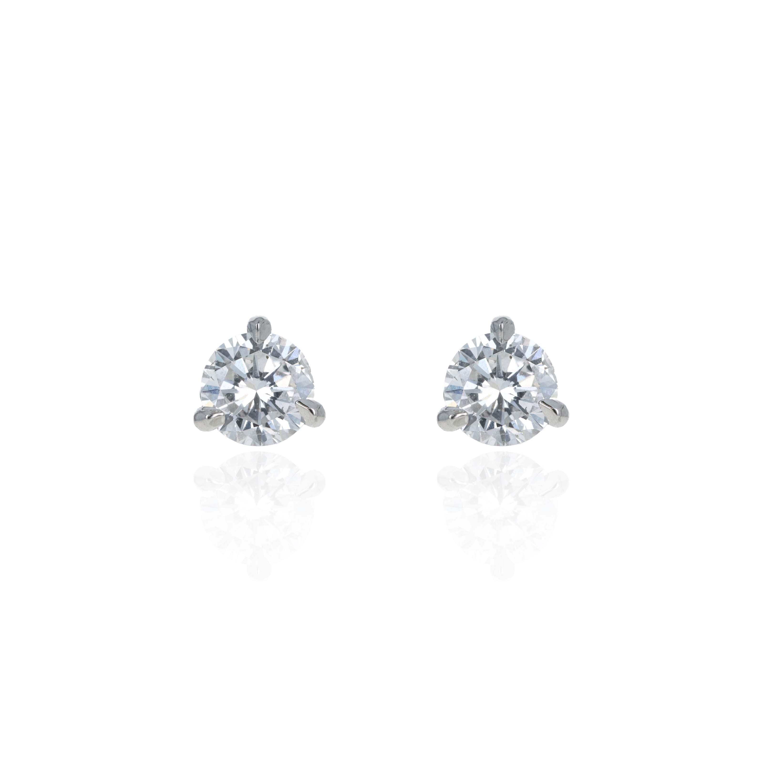 14K White Gold 1.03 Carat Round Brilliant Diamond Three Prong Martini Stud Earrings